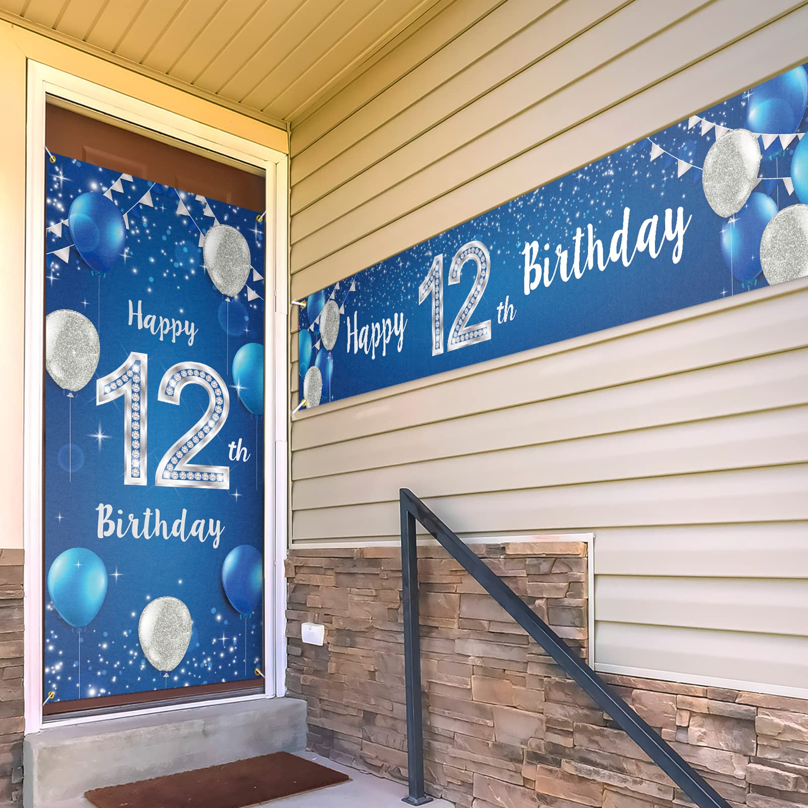 Happy 12th Birthday Door Cover Porch Banner Sign Set - 12 Years Old Birthday Decoraions Party Supplies for Men - Blue