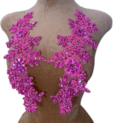 Vista 38 de 1 par de decoraciones de vestido de novia de 5.1 x 13.4 in, parches de encaje para coser con cuentas de diamantes de imitación sueltas, piedras