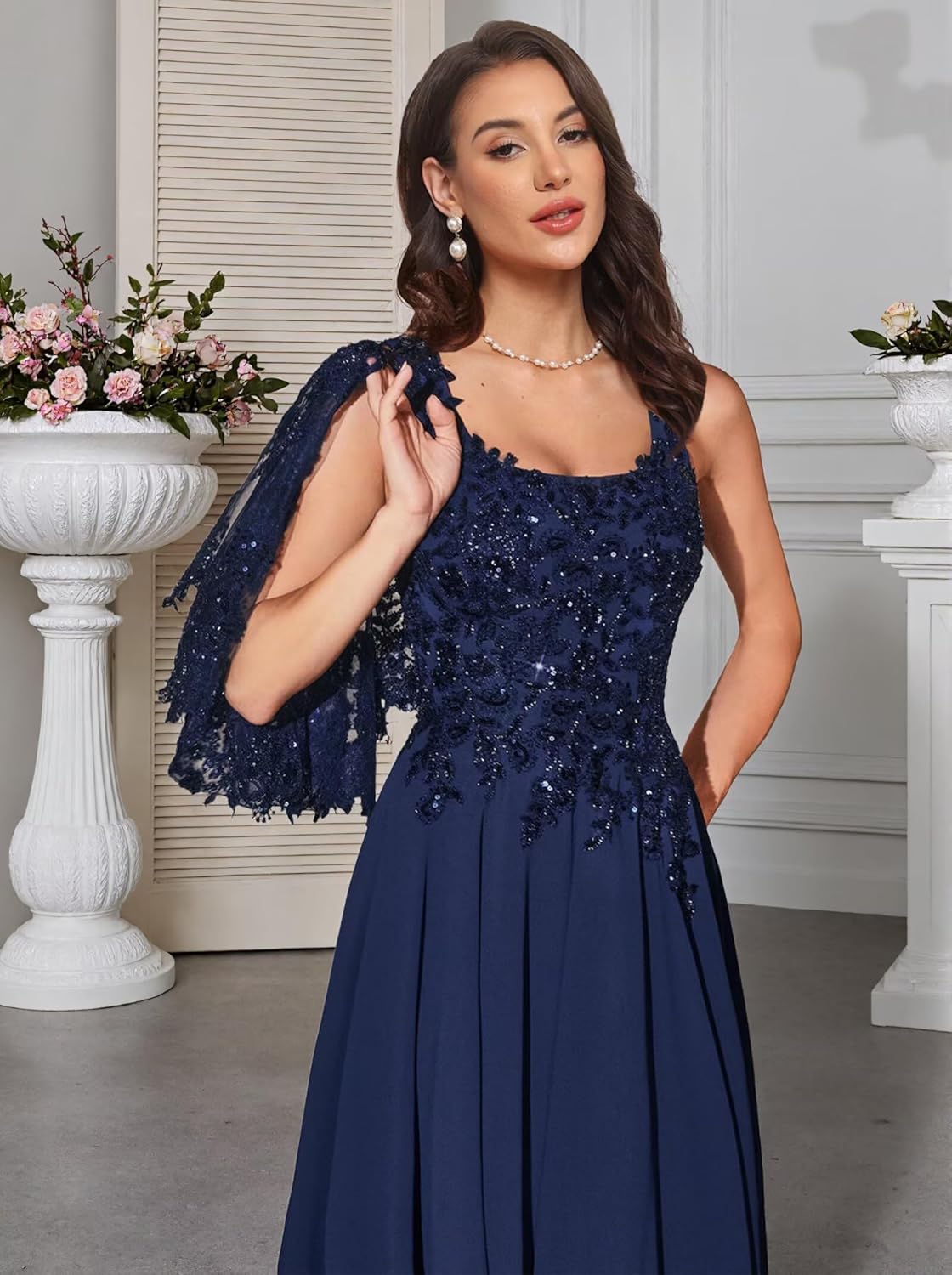 Sequin Applique Cape Sleeve Mother of The Bride Dress 2 Piece Chiffon Mother Formal Long Gown