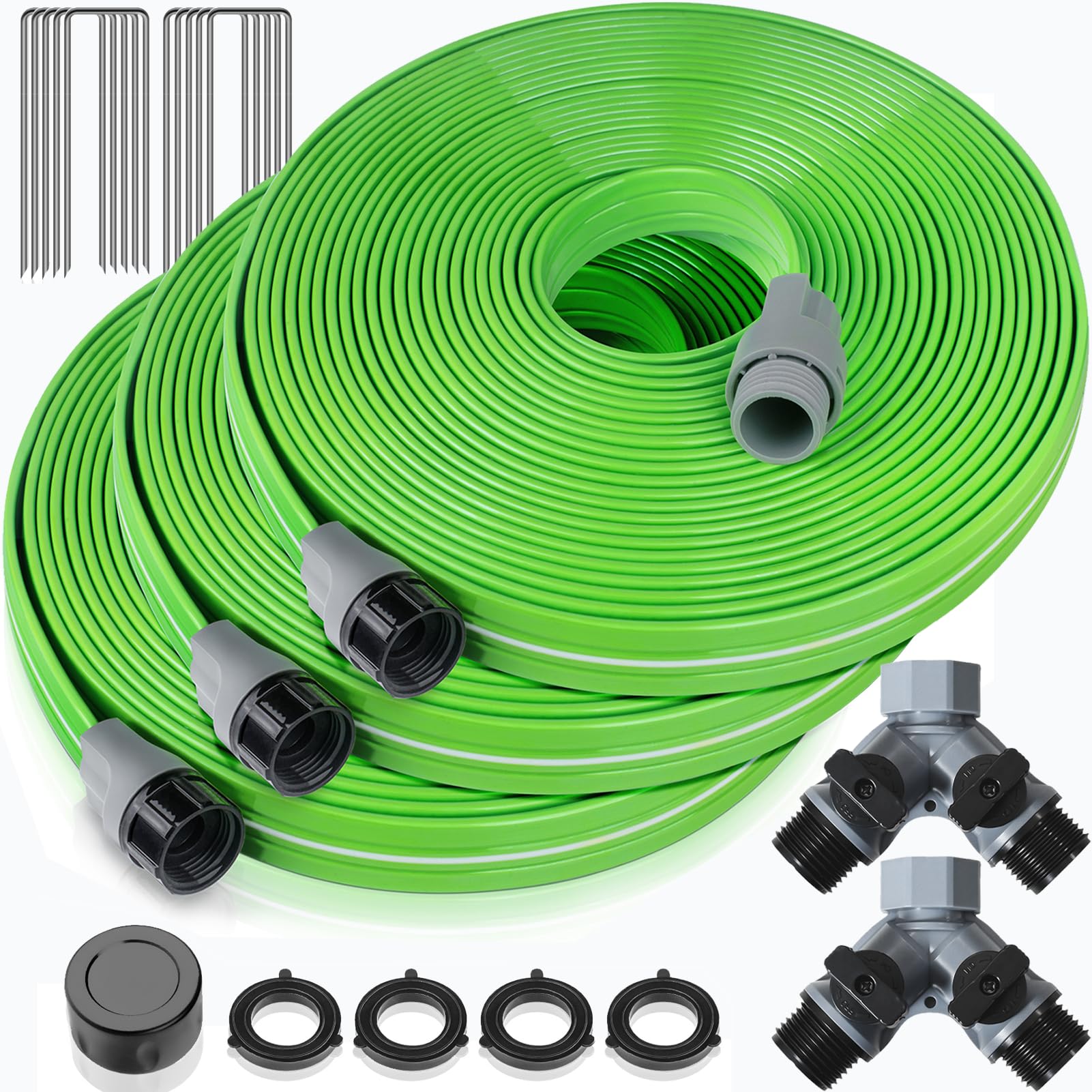 Photo 1 of [PARTIAL SET, MISSING 1 HOSE] LAVEVE Heavy Duty Sprinkler Soaker Hose 75 FT, Flat Garden Hose with Holes, Efficient Flexible Irrigation Hose for Yard, Lawn and Garden, Includes Stakes (25FT x 3Pack)LPNO509137384