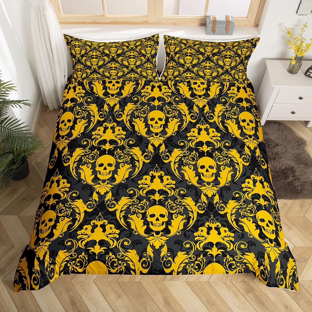 richhome Sugar Skull Bedding Set for Kids Boys Girls Yellow Black Damask Floral Comforter Cover Super King Size Vintage Jacquard Duvet Cover Bedroom Decor Soft Microfiber Exotic Floral 3Pcs โ image 1