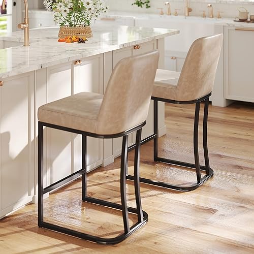 Miniatura 3 de Juego de 2 taburetes de bar modernos de altura de mostrador, taburetes de cocina tapizados de piel sintética de 24 pulgadas con respaldo, sillas de