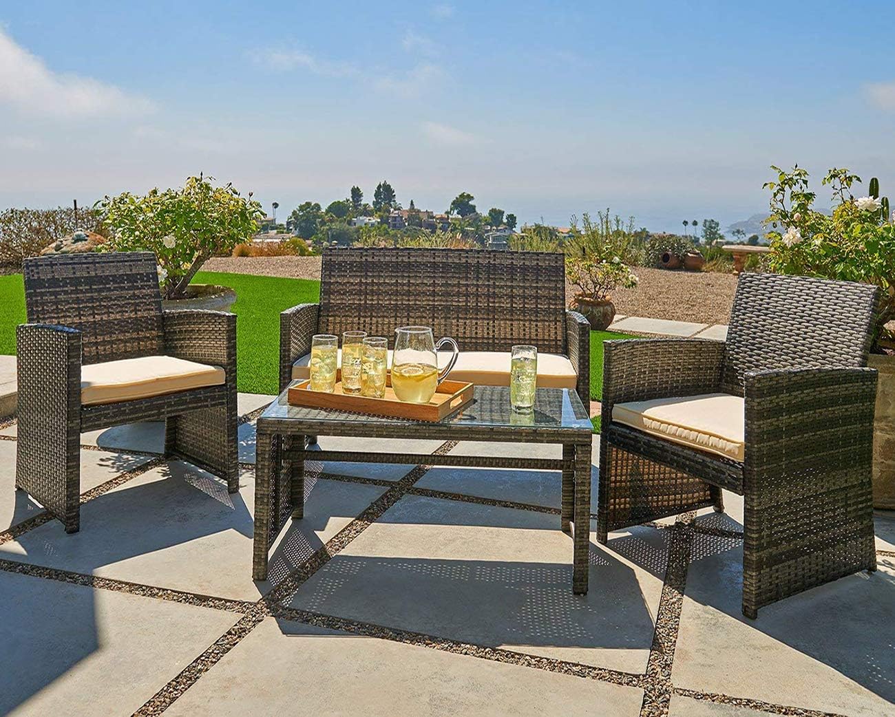 OUTROAD Outdoor Furniture 4 Piece Grey Wicker Patio Sofa Set - All Weather Cushioned Wicker Love Seat with Glass Top Table and Two Armchairs