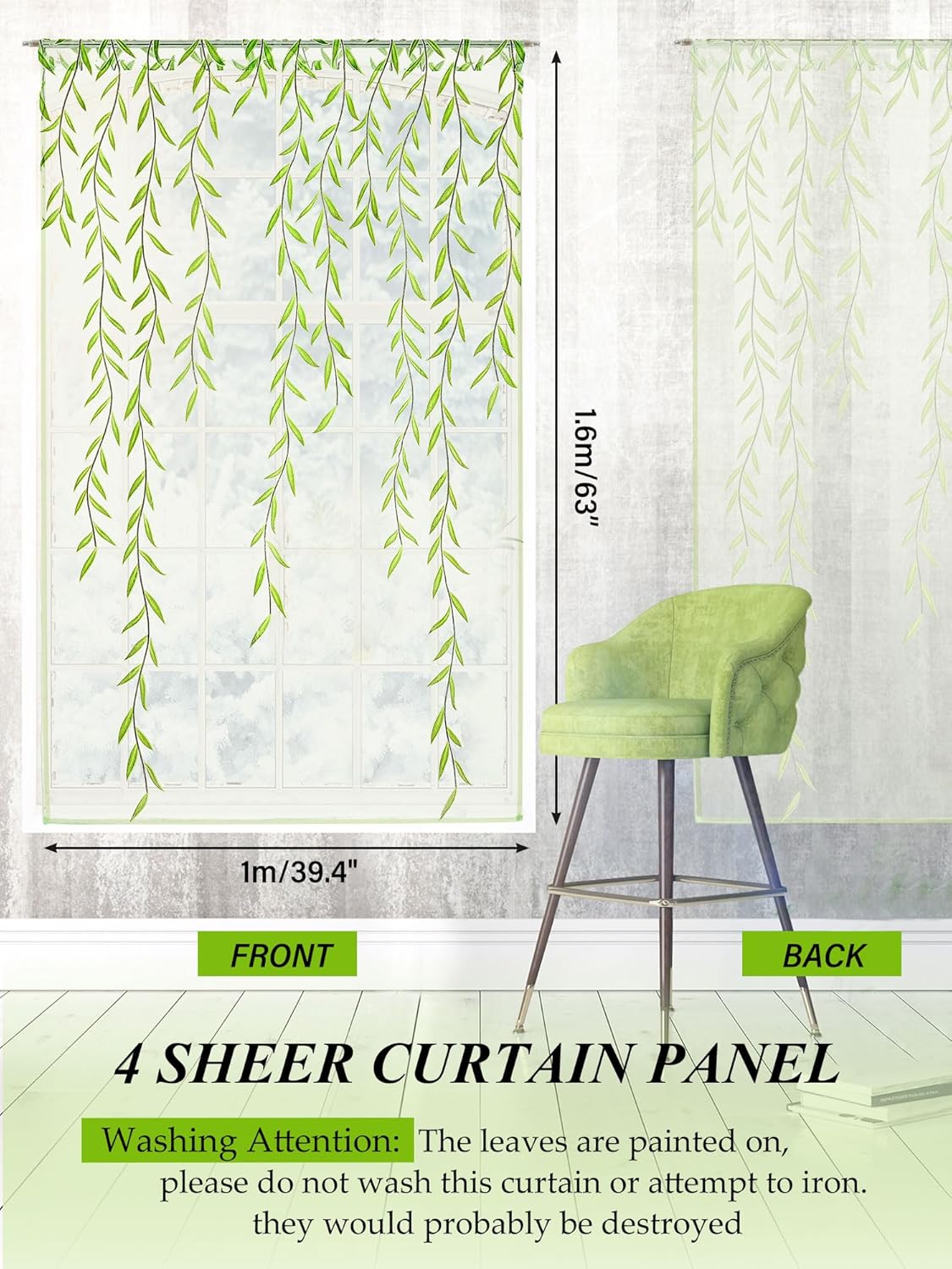 Breling Willow Voile Curtains Cute Green Sheers Leaf Tulle Vine Window Sheers Ivy Pretty Curtain for Living Room Bedroom Window Door Balcony(4 Pieces,39.4 x 63 Inch)