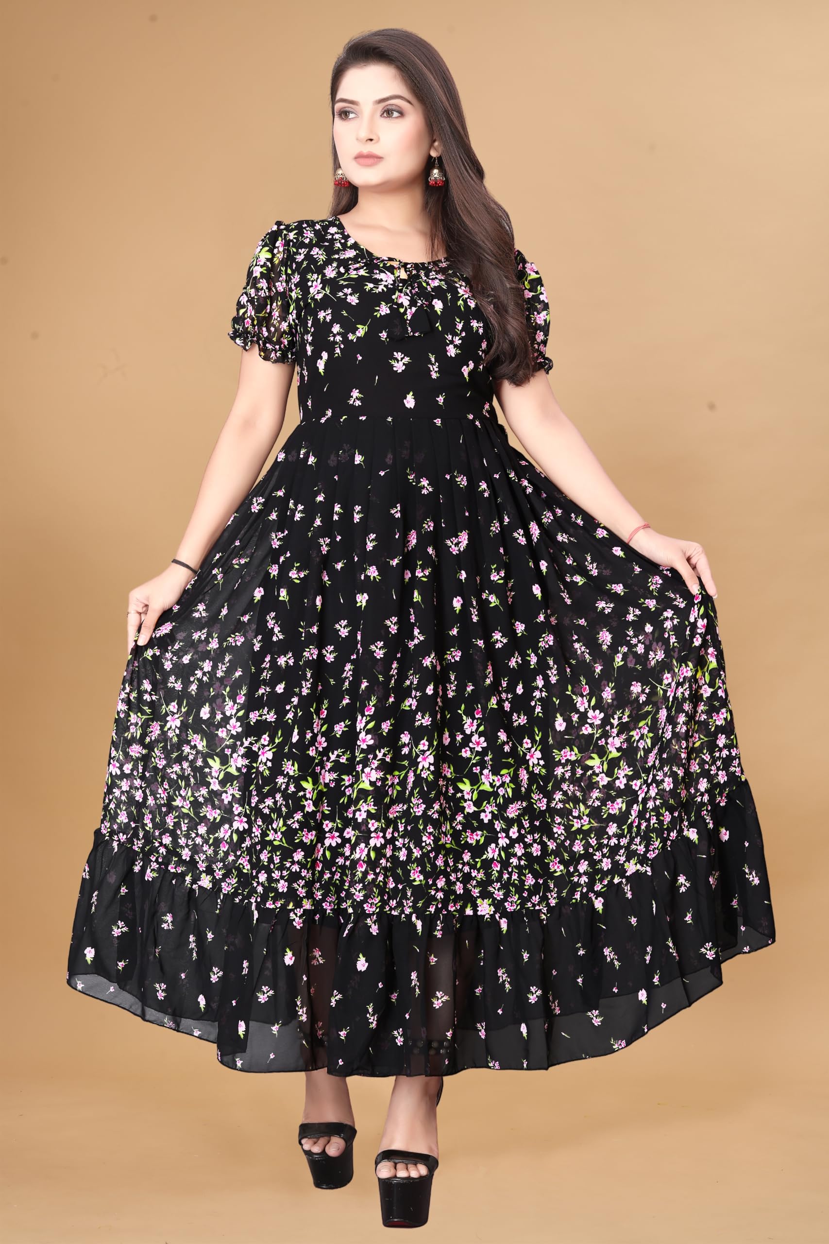 jahu mart Women's Maxi Dress, Floral Print, Short Sleeve, A-Line Fit and Flare Style-picture-40