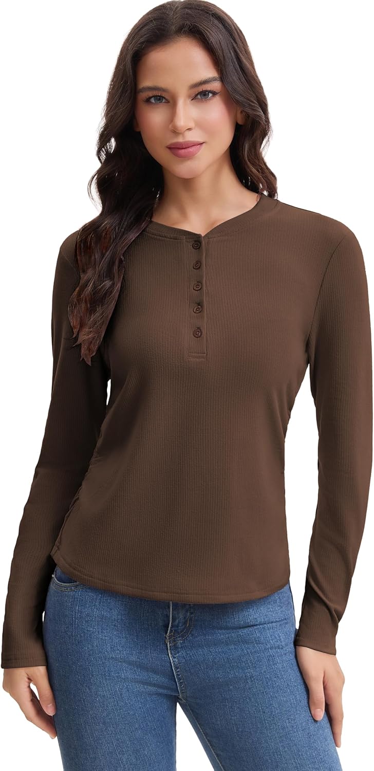 Women's Casual Henley Shirts Long Sleeve Button Up Slim Fit Ribbed Knit Blouses - Image 2