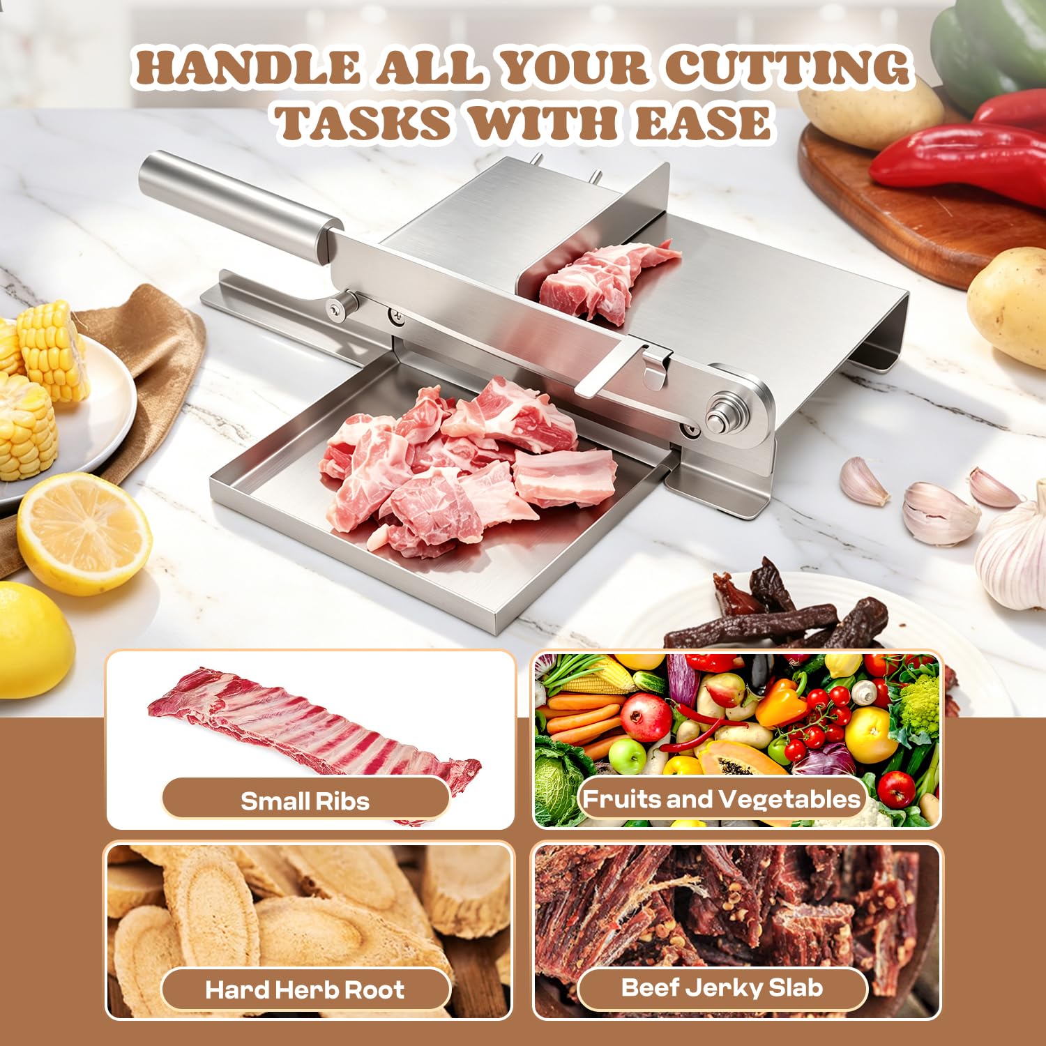 Moongiantgo Manueller Fleischschneider Handbuch Rippen Fleischschneider Biltong Slicer mit Abnehmbarer Skala, 190mm Klingenlänge für Kräuter Ginseng Nougat Speck Schinken Gemüse Delikatessen (KD0270)