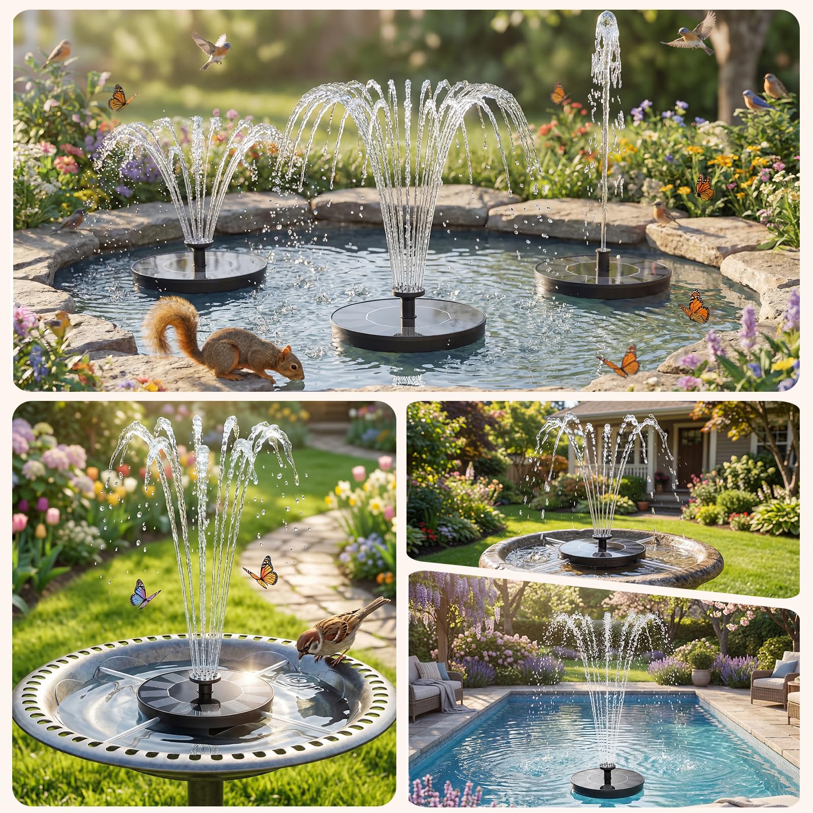AMZtime Solar Water Fountain for Bird Bath, Outdoor, Pond Pump with 6 Water Features, and Floating Fountain Pump for Gardens, Ponds, and Bird Baths — view 9