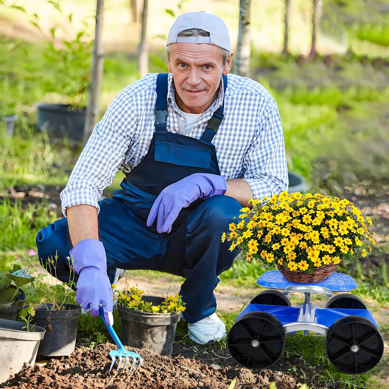 Rolling Garden Seat, Heavy Duty Rolling Garden Seat with 360° Swivel, Adjustable Height & Storage Basket - Mobile Stool for Gardening, Garage, and Outdoor Work Blue