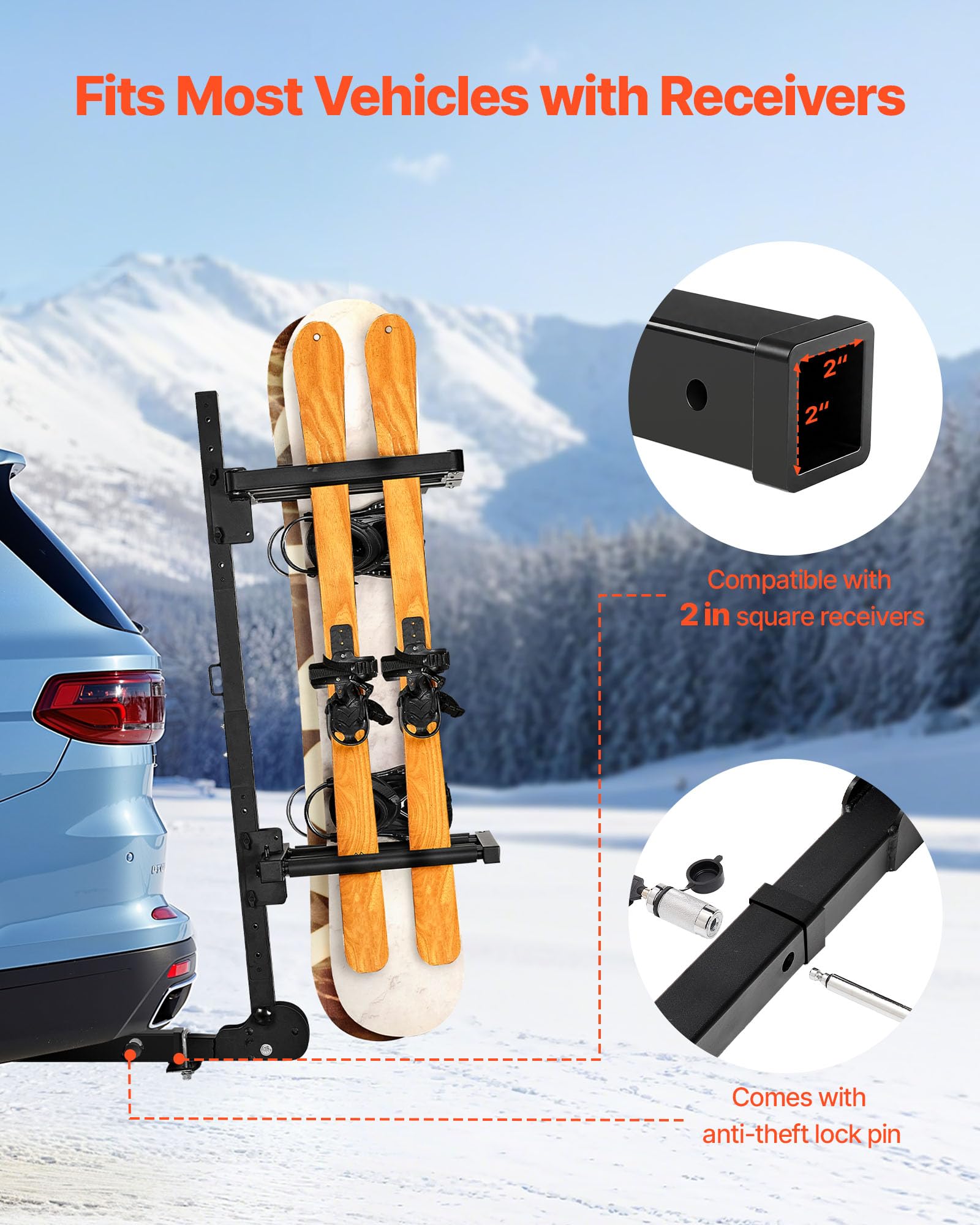 VEVOR Portaesquís de Techo, para hasta 6 Pares de Esquís/4 Tablas de Snowboard, con Cerradura con Cinturón de Seguridad y Acceso Inclinable, el Soporte Ajustable Se Adapta a la Barra de Remolque