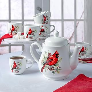 Fun Express White Ceramic Cardinal on Branch Tea Set (7-Piece Set) - Elegant Tableware for Christmas & Special Occasions