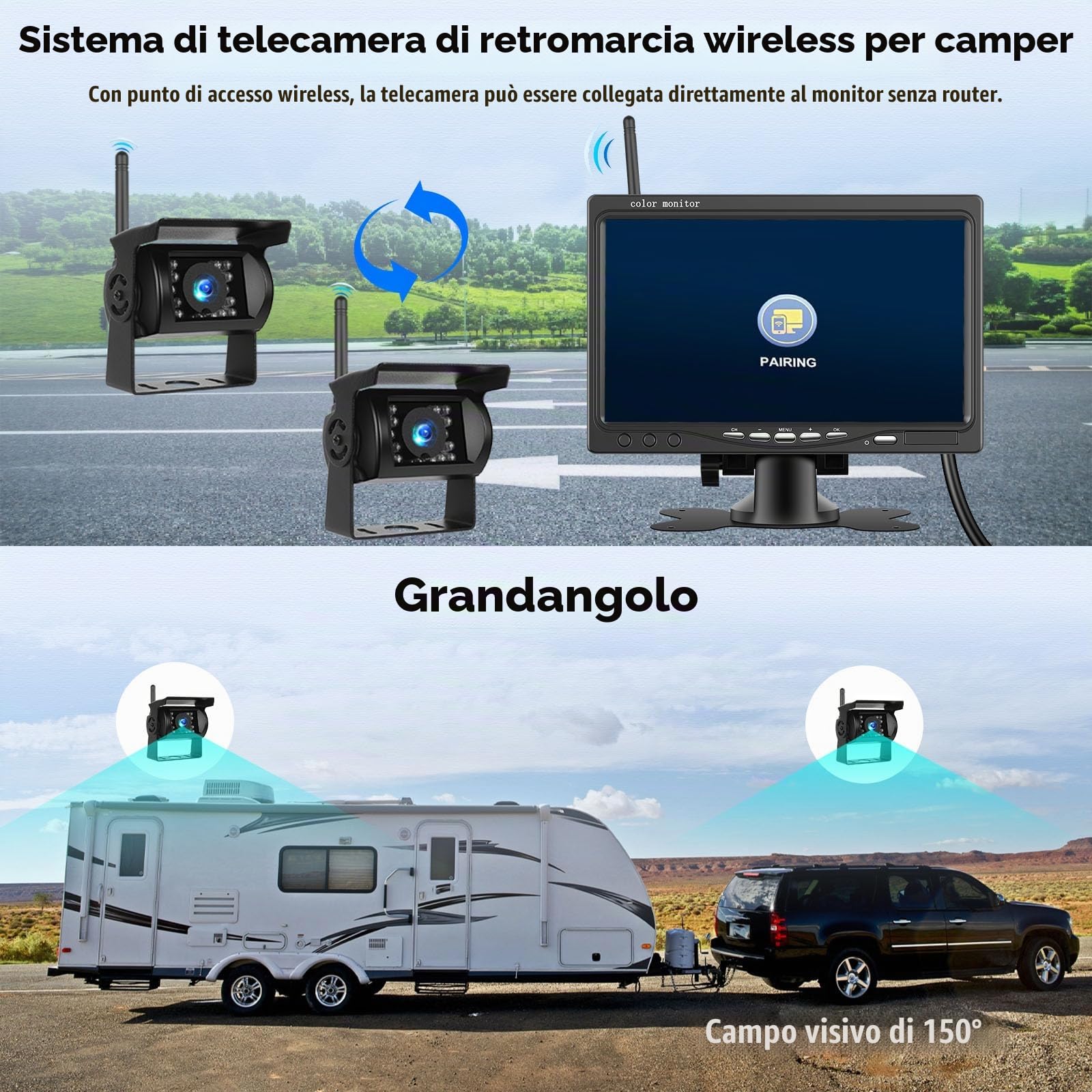 Kit Telecamera Posteriore IPS HD 7 Pollici senza Fili con 2 Telecamere, 1080P HD Telecamera Retromarcia Auto con IP68 Impermeabile, BSD, Visione Notturna per 12-36V Camion Camper Furgoni
