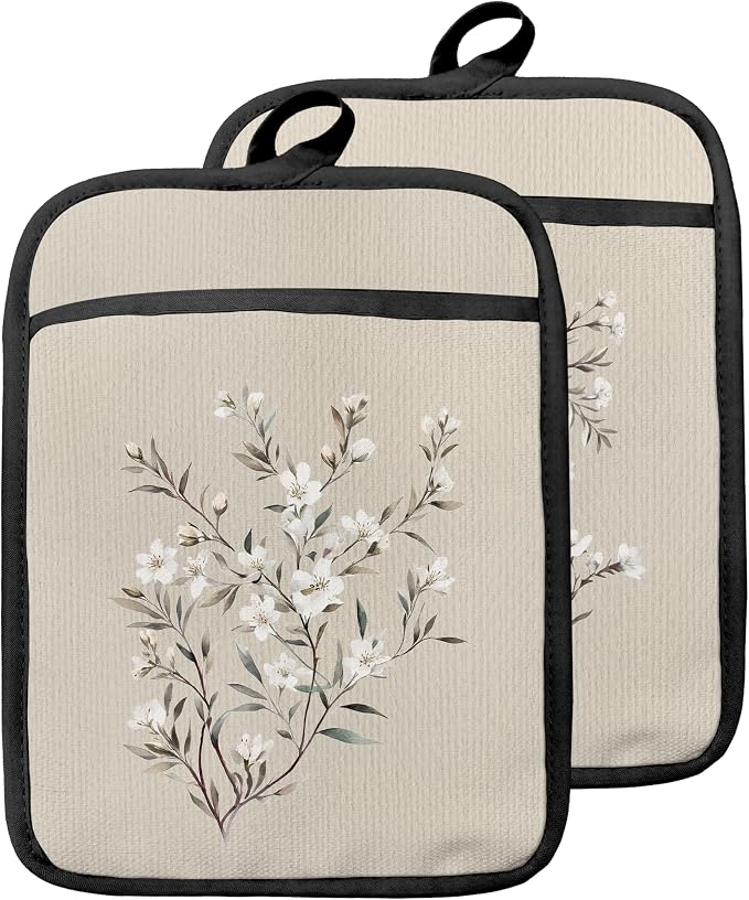 Neutral Botanical Pot Holders with Pockets, Vintage Cottagecore Beige Wildflower Oven Pot Holders Heat Resistant Oven Mitts Hot Pads for Kitchen Baking Cooking, Set of 2