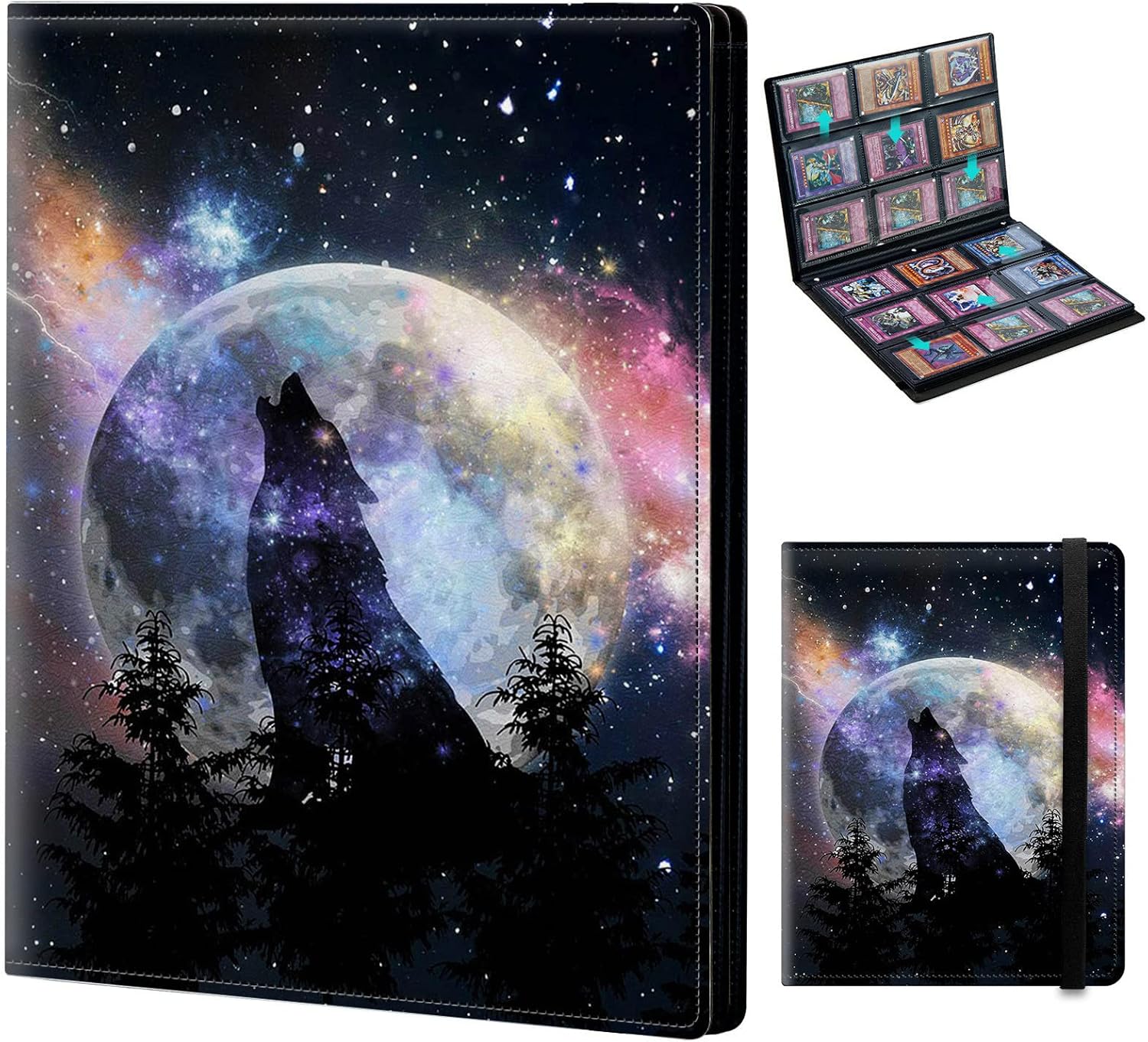 Trading Card Binder 9-pocket Card Holder Binder for Baseball Football Hockey Sport Mtg TCG YUGIOH Card Binder Album 900 Cards Side Load + Elastic Band-Wolf Howl Moon Stars Night