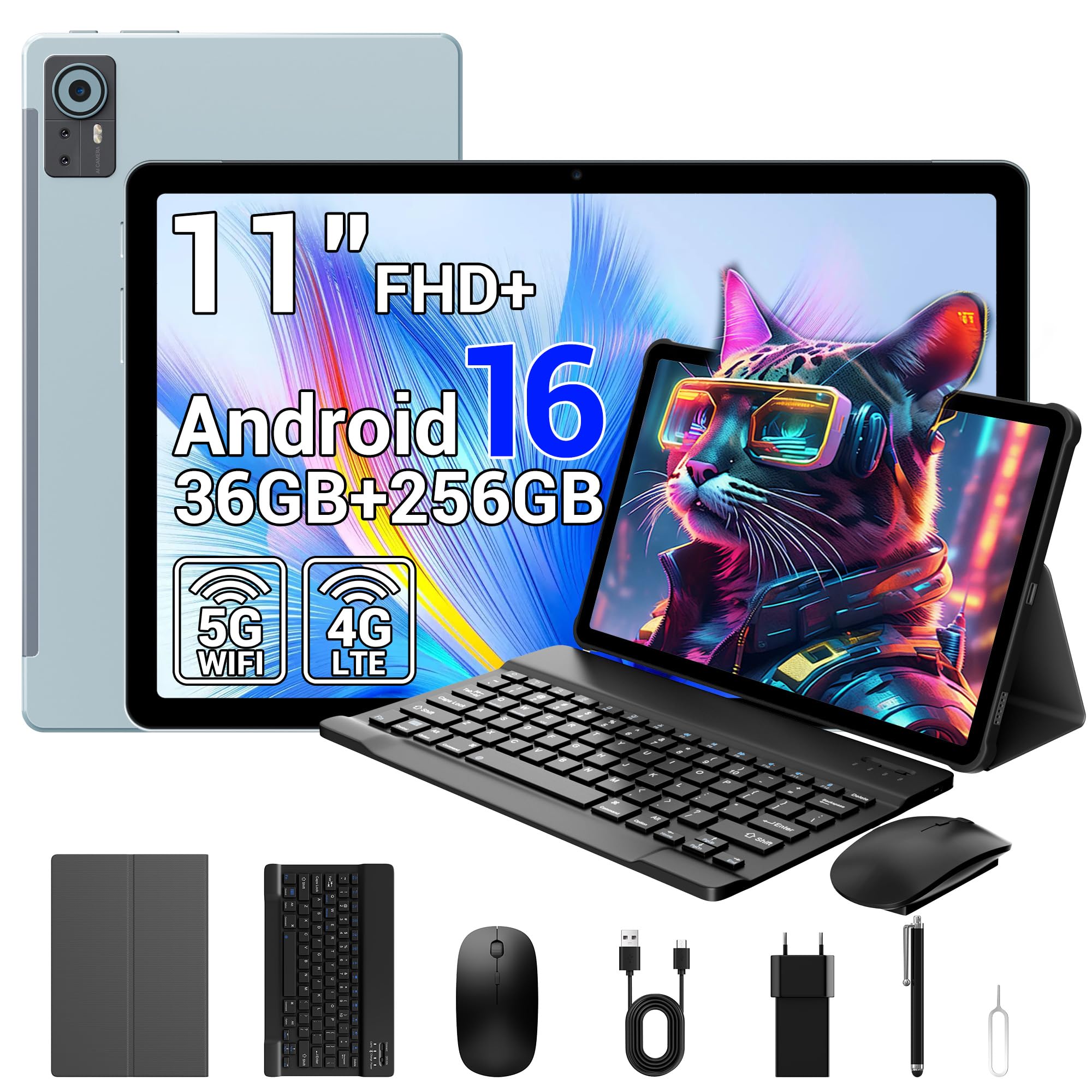 Tablet 11 Pollici Android 16 Tablet,36GB RAM+256GB ROM,Doppio SIM 4G LTE+5G WiFi/8000mAh-Tablets con Tastiera e Mouse,Grigio