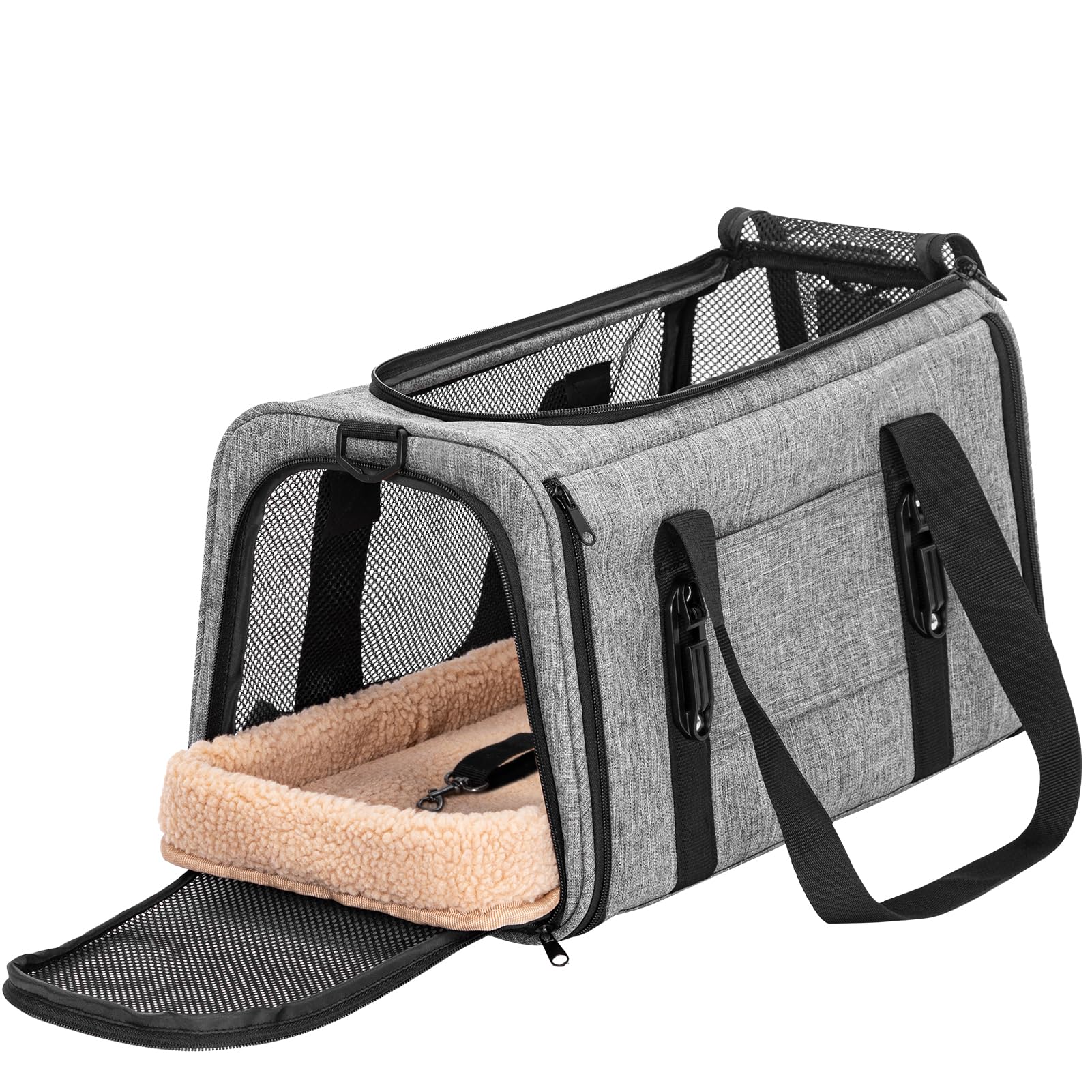 Petsfit Transportín para gatos y perros para coche, transportador para perros, plegable, con 2 hebillas patentadas para asiento de coche, red de 4 lados y cojín extraíble, L/gris