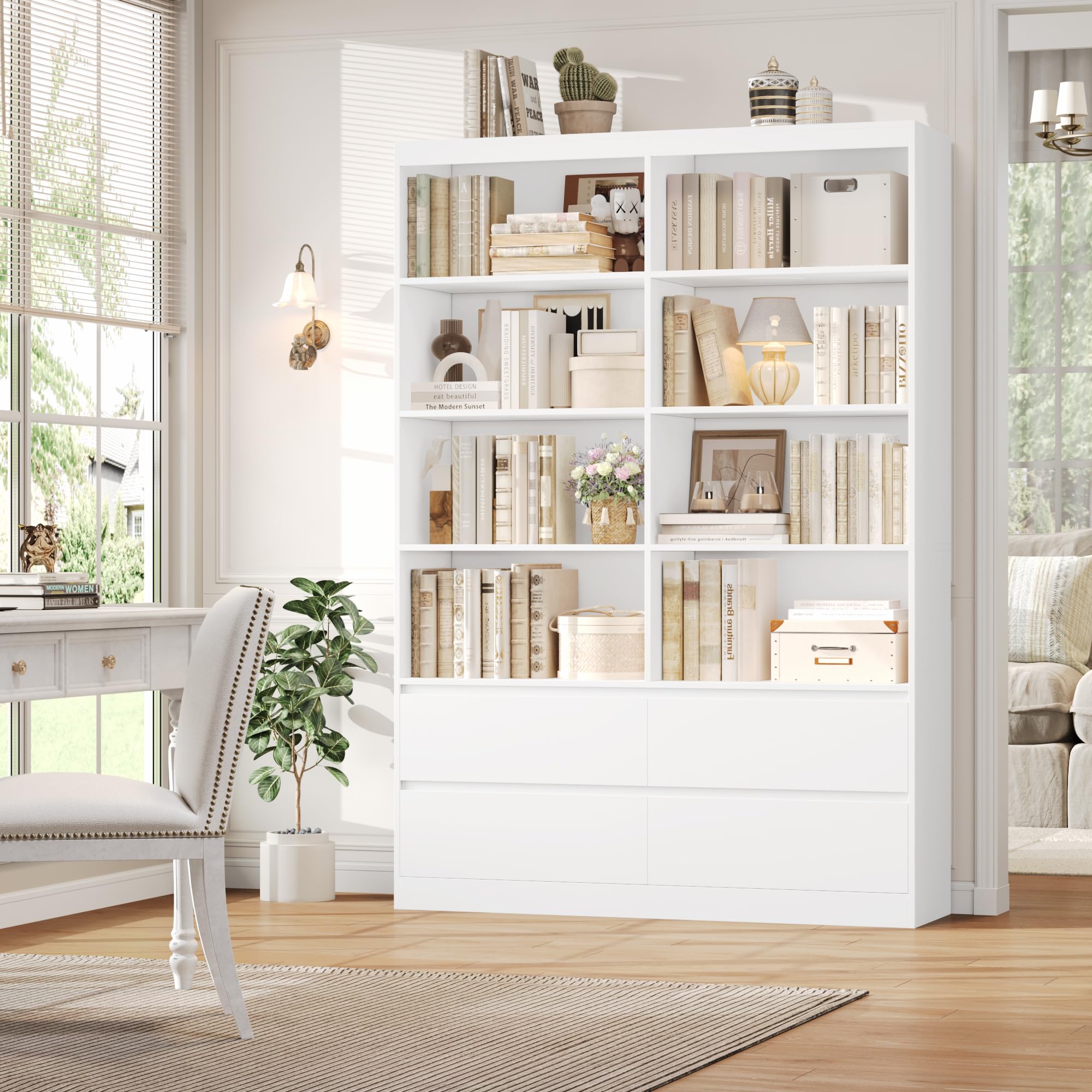 FirFurd Libreria Scaffale 180 cm,Grande libreria Alta, Libreria Verticale in legno, divisorio per Ambienti,con 4 cassetti e 8 scomparti, per Soggiorno, Ufficio, Cucina, 180 x 120 x 30 cm (Bianco)