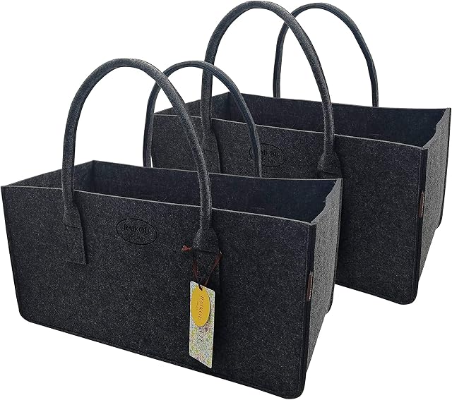 RAIKOU KULT torba filcowa Shopper Nowość Koszyk Filcowy Torba na Zakupy Torba z Uchwytem kosz na Gazety Stabilna Torba na Drewno Kominkowe Stojak na Gazety Również na Zabawki Ogród Piknik na Plażę (Antracyt-2 sztuki,