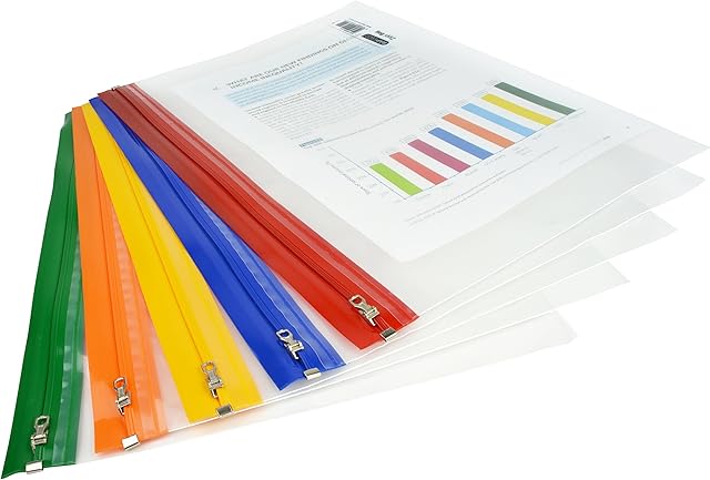 Rapesco 1503 Zippi Bag with Metal Zip, A4+ / Foolscap, Clear Transparent with Assorted Bright Coloured Zip Strips, Pack of 5