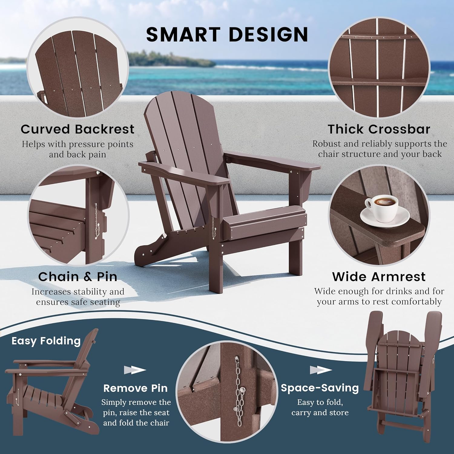 WO WESTIN OUTDOOR HDPE Laguna Outdoor Folding Poly Adirondack Chair (Set of 2), Dark Brown