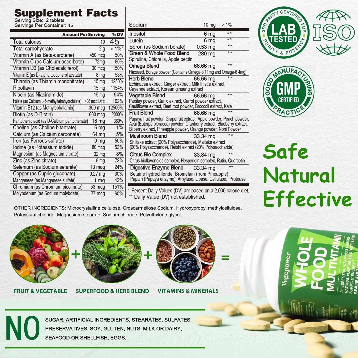 Vegan Whole Food Multivitamin for Men, Methylated Multivitamin for Men and Women, Organic Fruit and Veggies Supplement, Herb & Mushroom Blend, Plant Omegas, All Natural, Non-GMO, 180 Count