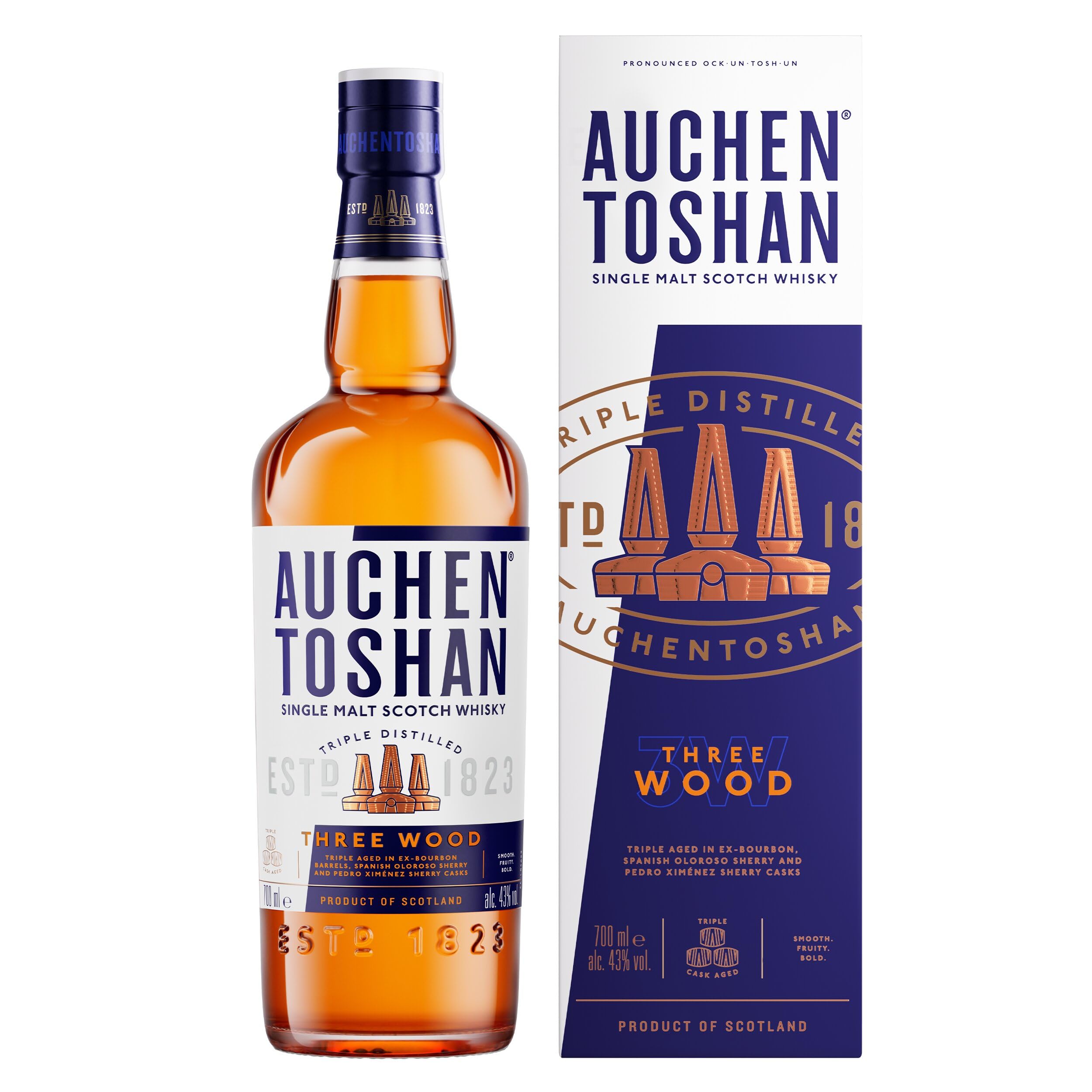 AUCHENTOSHAN Three Wood | Scotch | Lowland | Single Malt Whisky | Rich and Fruity | Olorosso and Pedro Ximenez Sherry Oak Cask Matured | 43 Percent ABV |70 cl