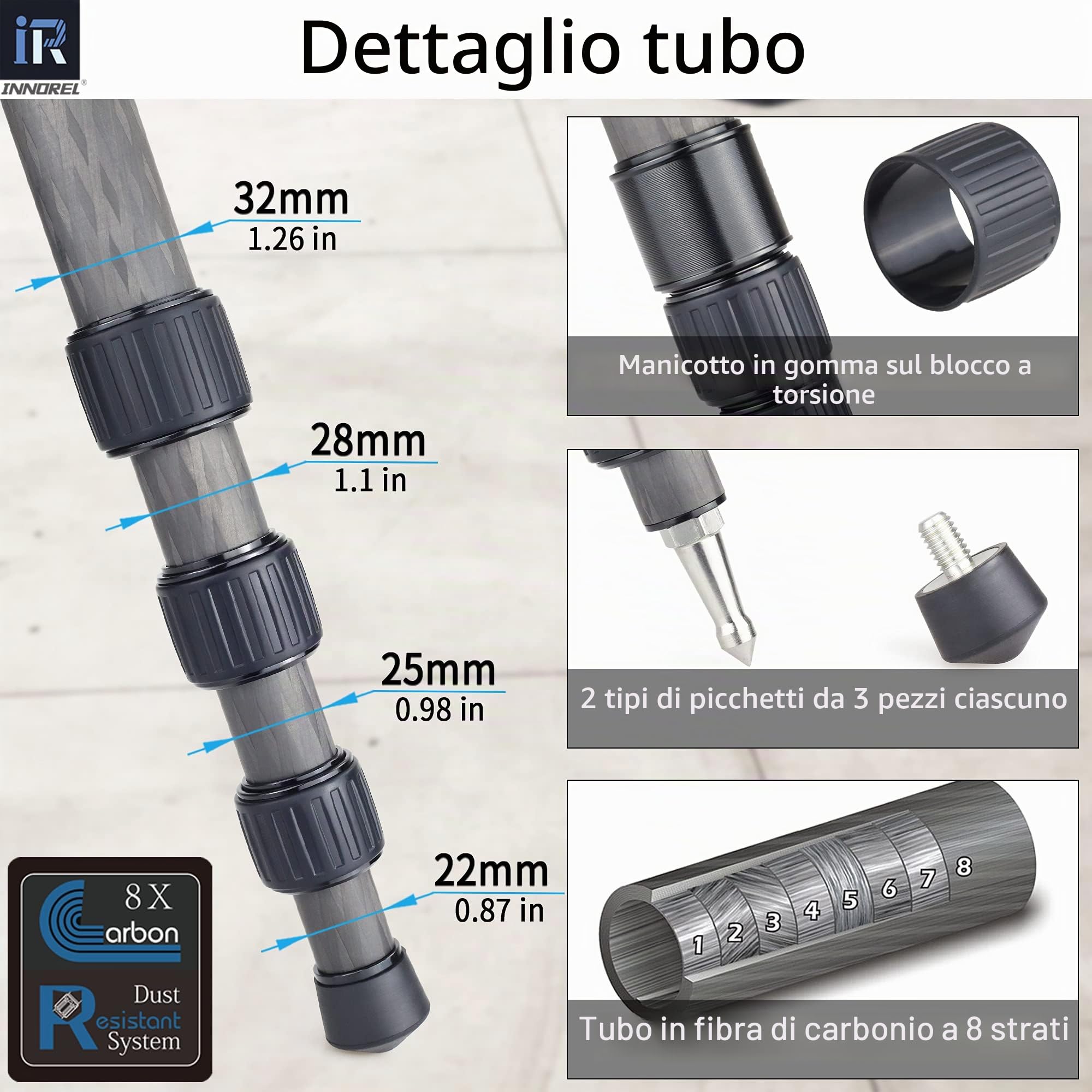 INNOREL RT80C Treppiede a Ciotola in Carbonio 160cm/63in, Carico Massimo 20kg, Tubo Massimo 32mm 4 Sezioni,con 65mm Adattatore per Ciotola/Borsa,Treppiedi Professionale Impieghi Gravosi Ultra Stabile