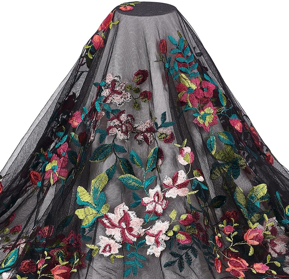 BENECREAT 1 Yard Flower Lace Fabric Leaf Polyester Embroidered Mesh Lace 53.5inch Black Garment Accessories for Halloween Decor, Veils Dress, DIY Crafts Curtain Home