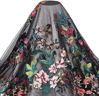 BENECREAT 1 Yard Flower Lace Fabric Leaf Polyester Embroidered Mesh Lace 53.5inch Black Garment Accessories for Halloween Decor, Veils Dress, DIY Crafts Curtain Home