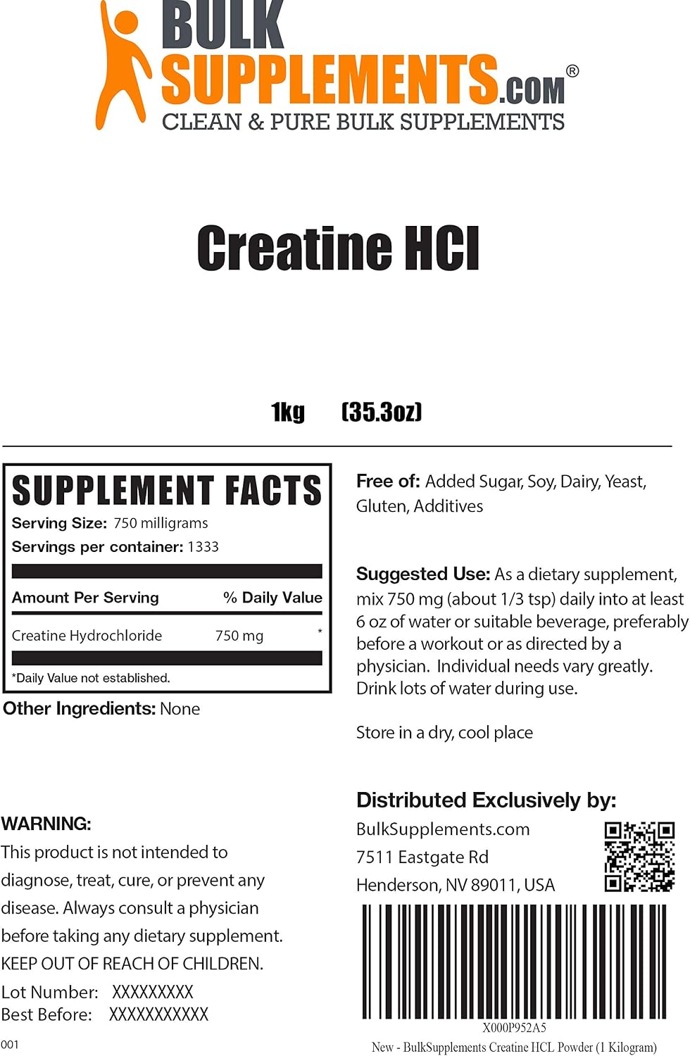 BULKSUPPLEMENTS.COM Creatine HCl Powder - Creatine Supplements for Pre-Workout & Post Workout, Creatine Powder - Unflavored Powder - 750mg per Serving (1 Kilogram - 2.2 lbs)