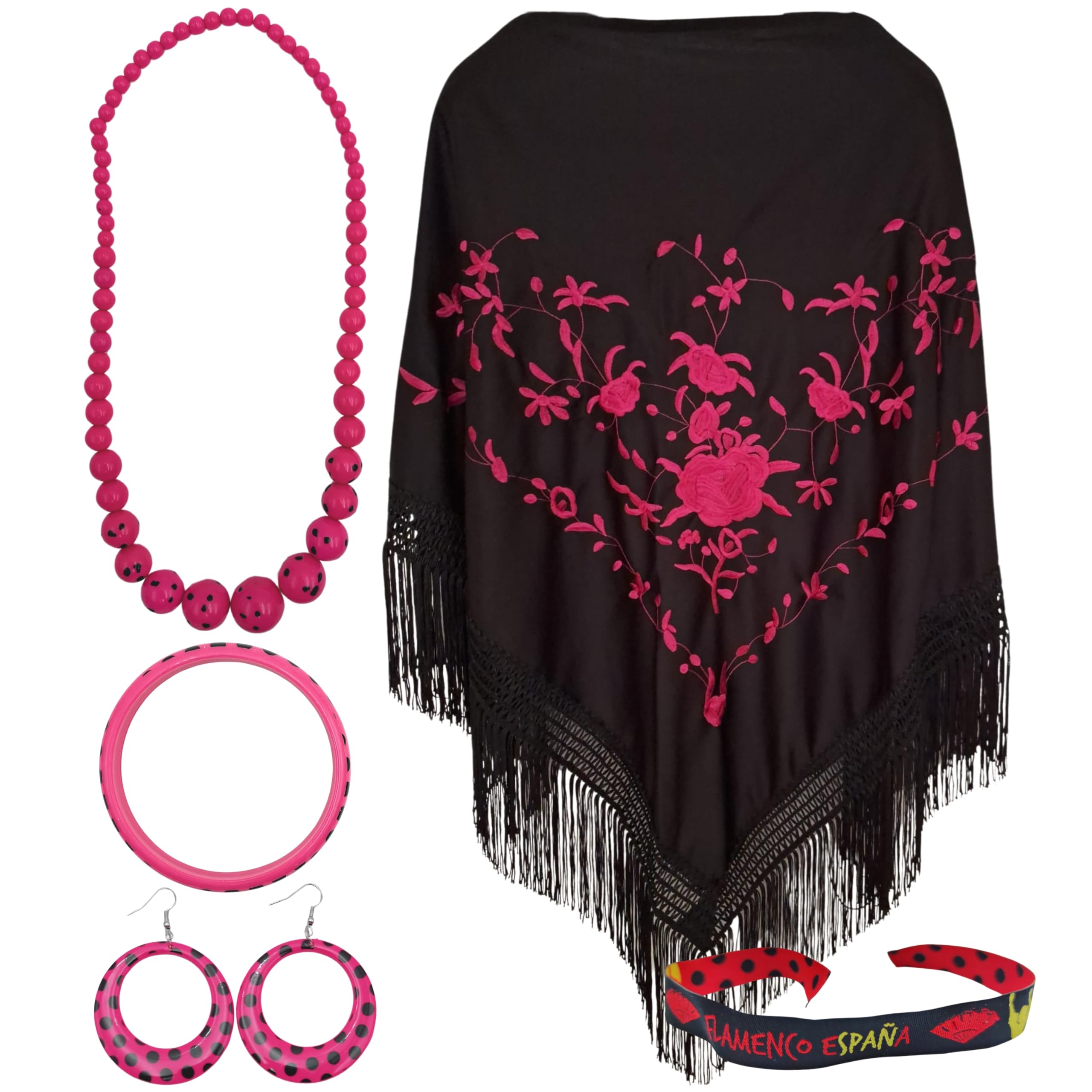 Planta Color Flower Embroidered Shawl with Accessories, Black Fuchsia, L