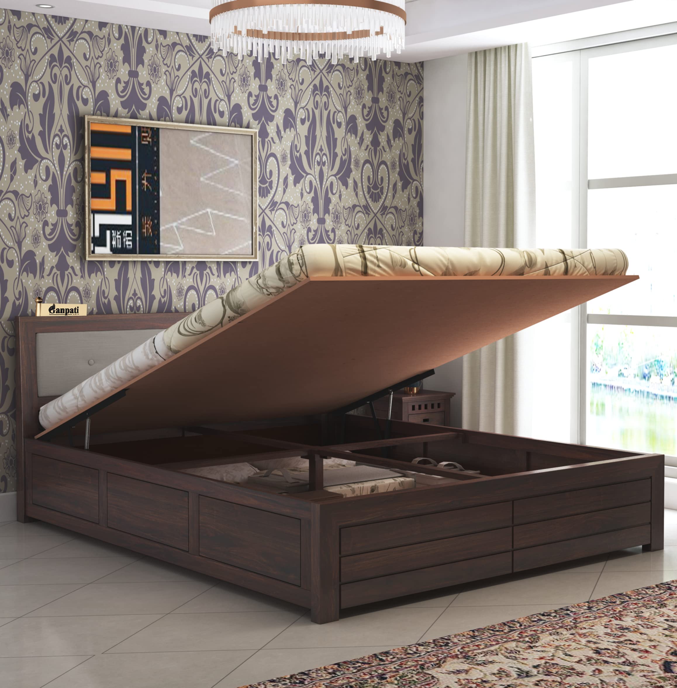 Ganpati Arts Solid Sheesham Wood Euro King Size Bed with Hydraulic Storage and Upholstered Headboard | Wooden Double Bed Cot Palang Furniture for Bedroom, Living Room, Home and Hotel (Walnut Finish)