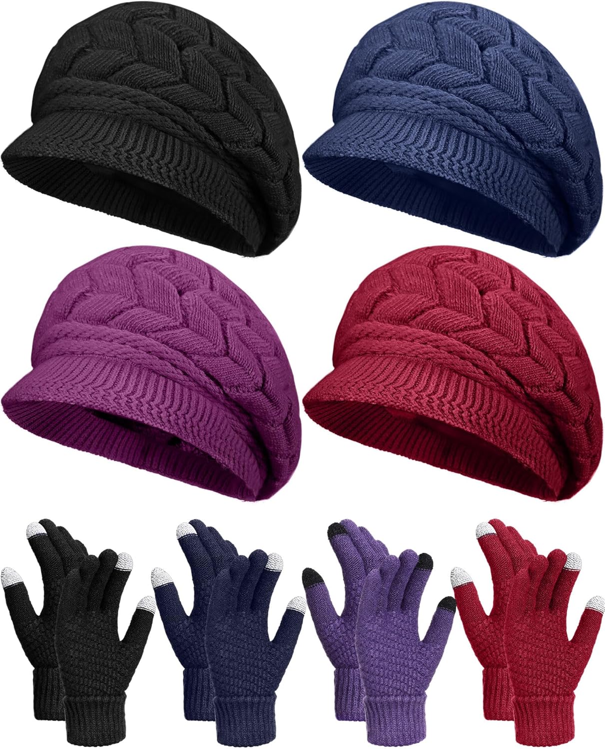 Newcotte 8 Pcs Women Hats Gloves Winter Set, Warm Cap Beanie Hat Knit with Visor Snow Ski Caps and Touch Screen Gloves
