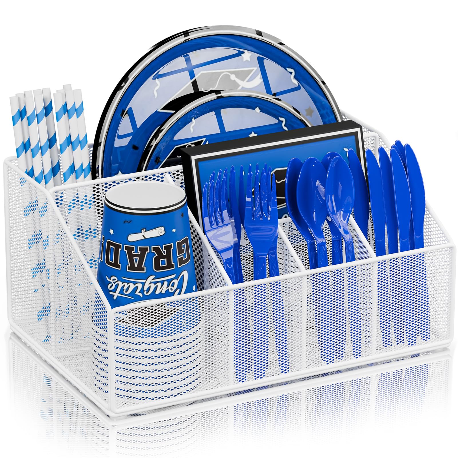 Dispensador de platos de papel de graduación de metal, soporte desechable para utensilios de cocina, para fiestas, servilletas, cubiertos y cubiertos para encimera de cocina, color blanco