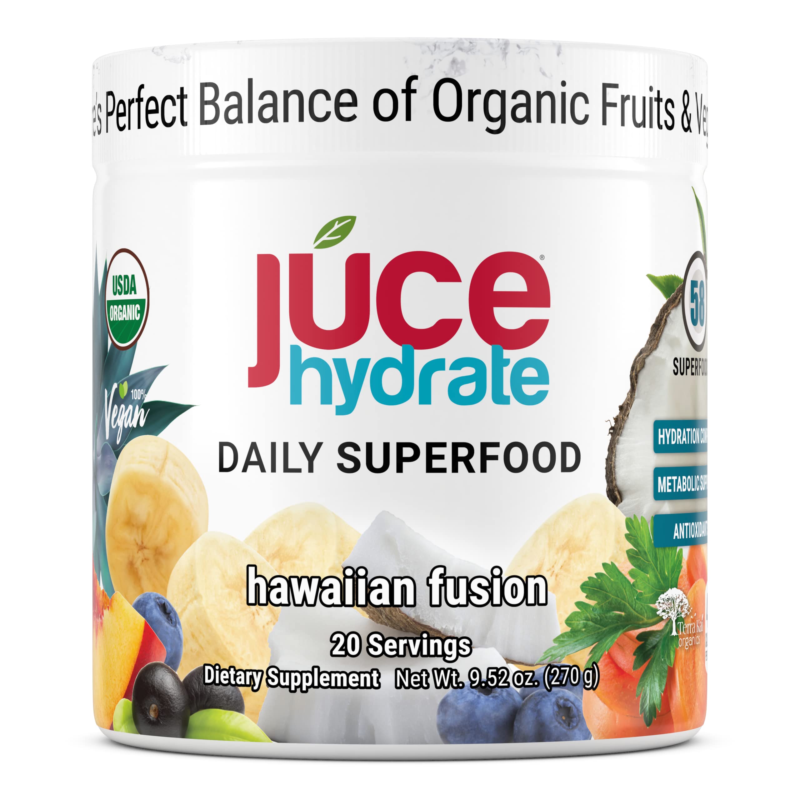 Júce Hydrate Replenishing & Nourishing Superfood Drink - Boost Reduce Fatigue - USDA Certified Organic, Plant-Based, Vegan - Gluten-Free, Dairy-Free, Soy-Free - 8.1 Ounce - By Terra Kai Organics