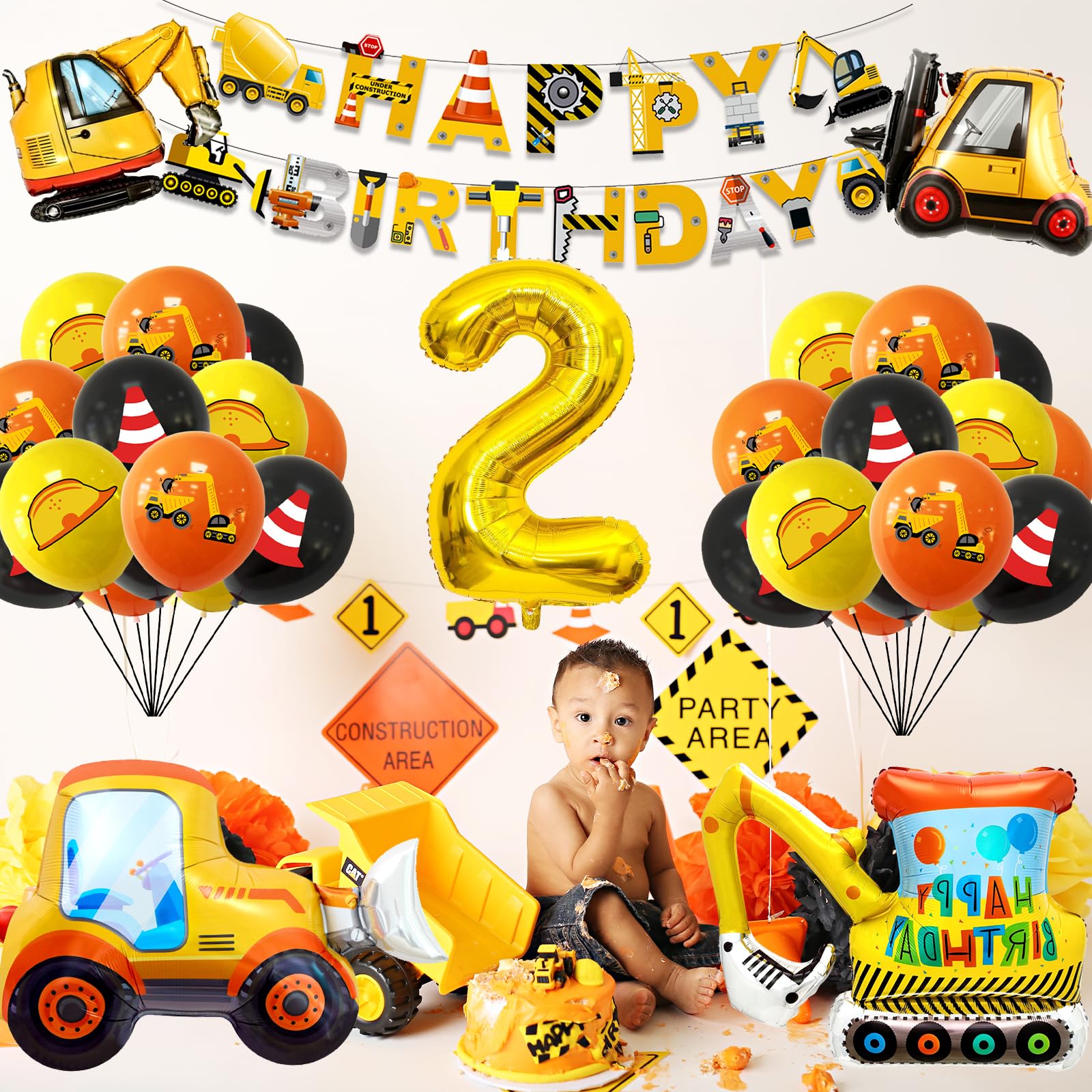 Bagger Deko Kindergeburtstag 2 Jahre, Bagger Baustelle Partygeschirr mit Luftballons Pappteller Tischdecke Tortendeko für Geburtstag Junge Mädchen 2 Jahre, 16 Gäste - 5