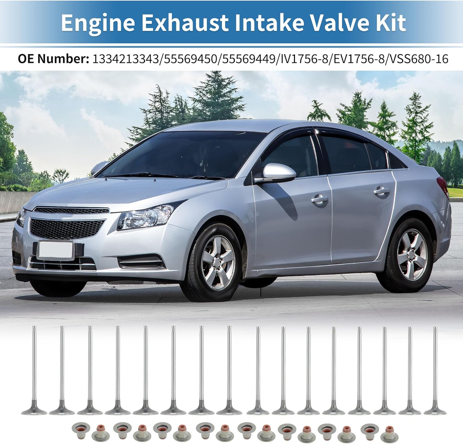 16pcs No.55569450 Engine Intake and Exhaust Valve Kit with Valve Seals for Chevrolet Cruze LS 1.8 2011-2015 for Chevy Sonic 1.8 2012-2018