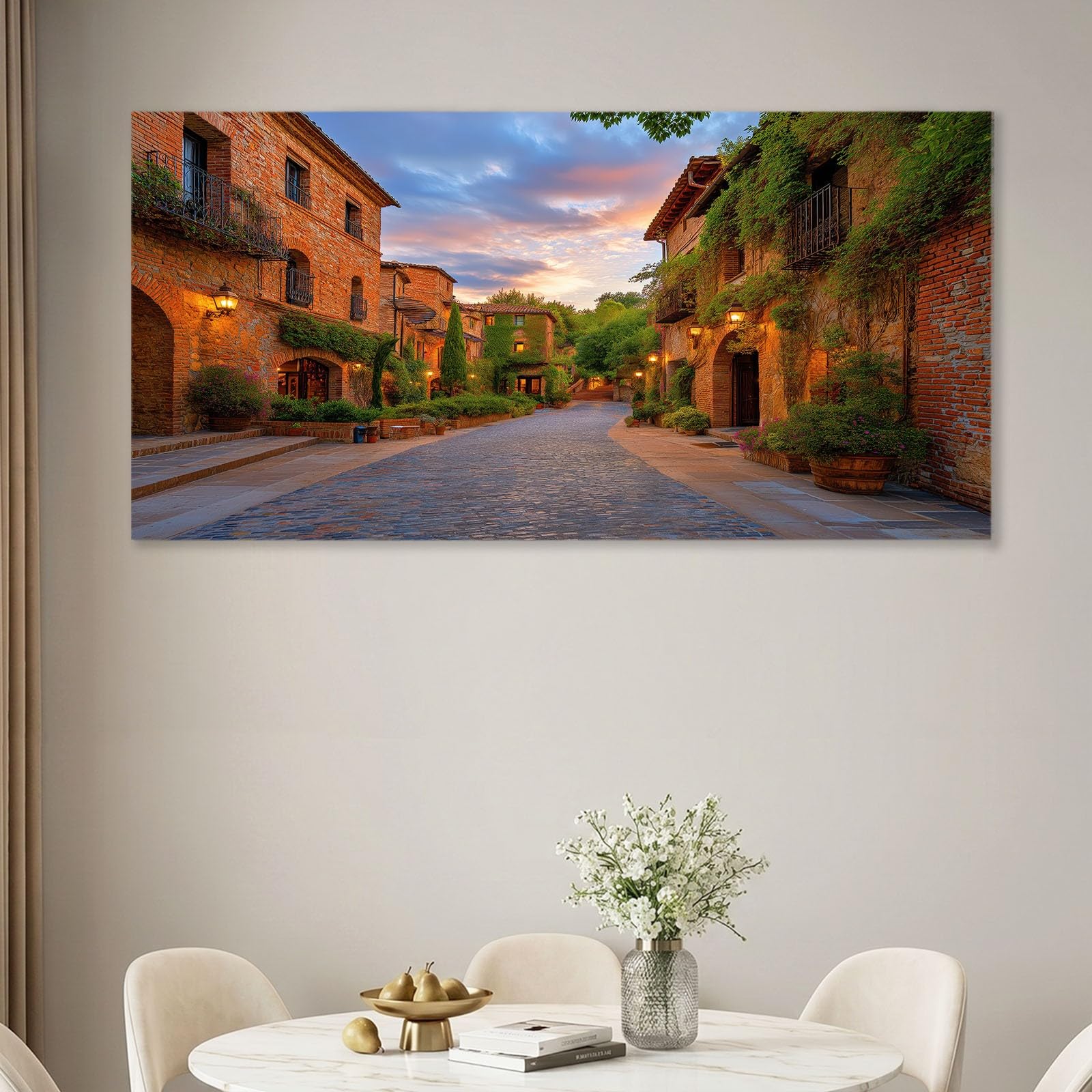 Générique Stampa su tela con cornice in stile country – Quadro dipinto 100 x 70 cm marrone città vicolo casa – Quadro poster decorazione da parete per soggiorno, camera da letto, bagno e ufficio