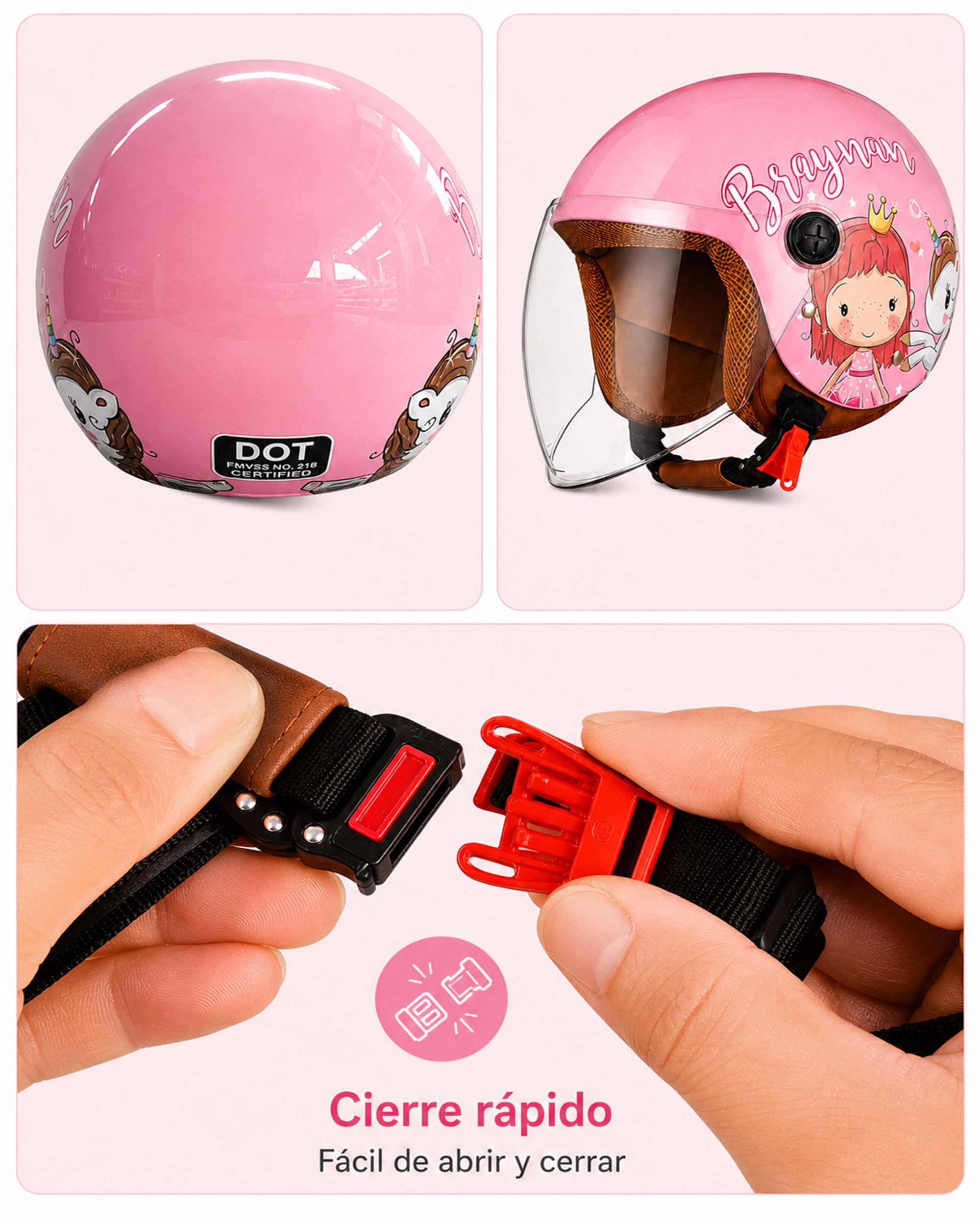 Casco Moto para niños, Casco Jet con Visera, Casco de ciclomotor para , Bolsillo de liberación rápida, 48-55cm, 3 a 12 años, Rosa