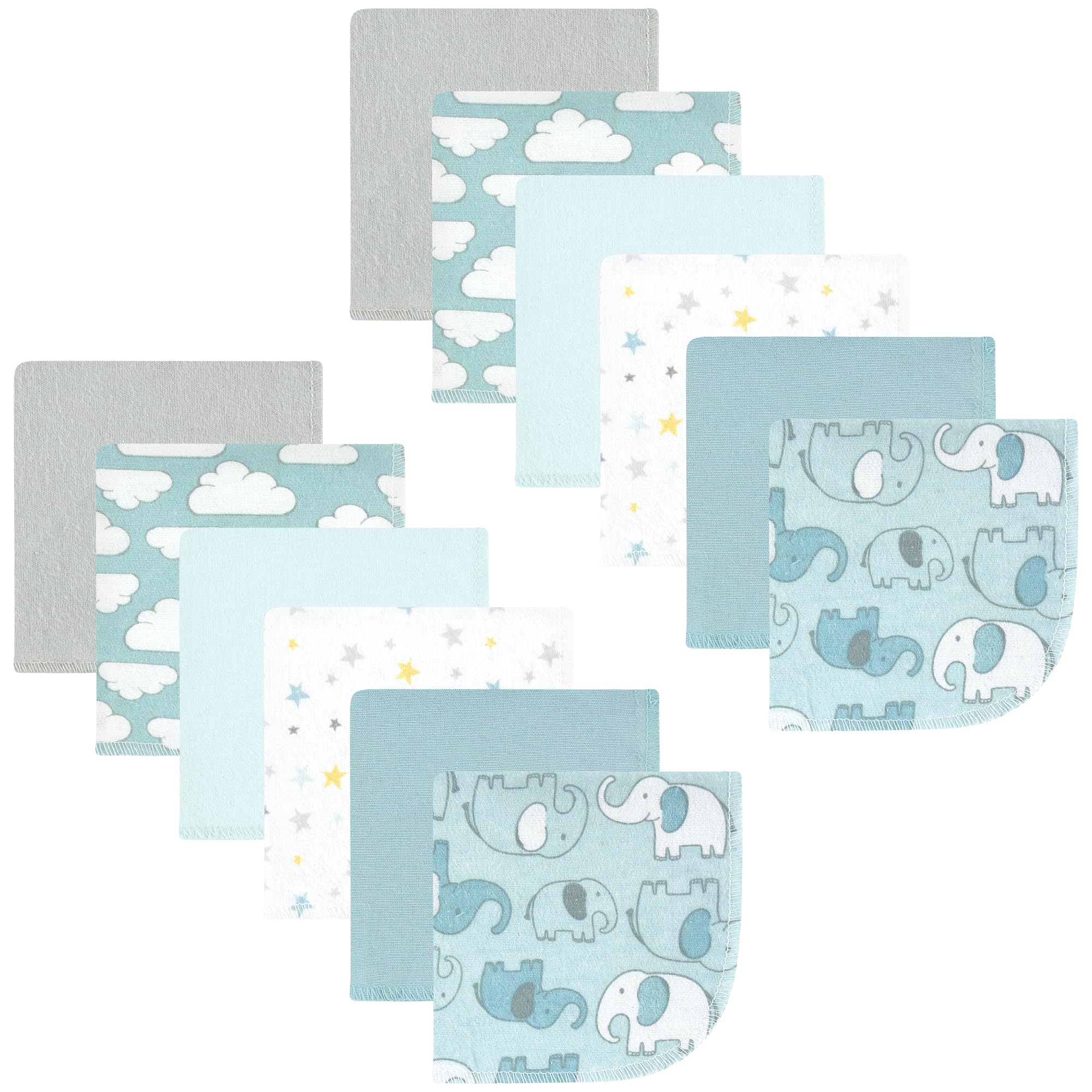 Hudson Baby Unisex Baby Flannel Cotton Poly Washcloths, Boy New Elephant 12Pk, One Size