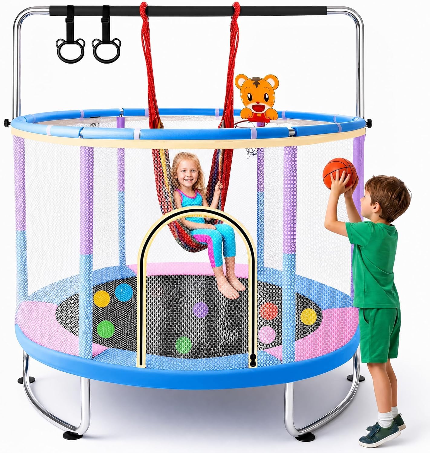 60” Toddler Trampoline with Swing & Gymnastics Bar, Indoor Outdoor Kids Trampoline with Safety Enclosure Net, Gifts for Boys & Girls Age 2-14
