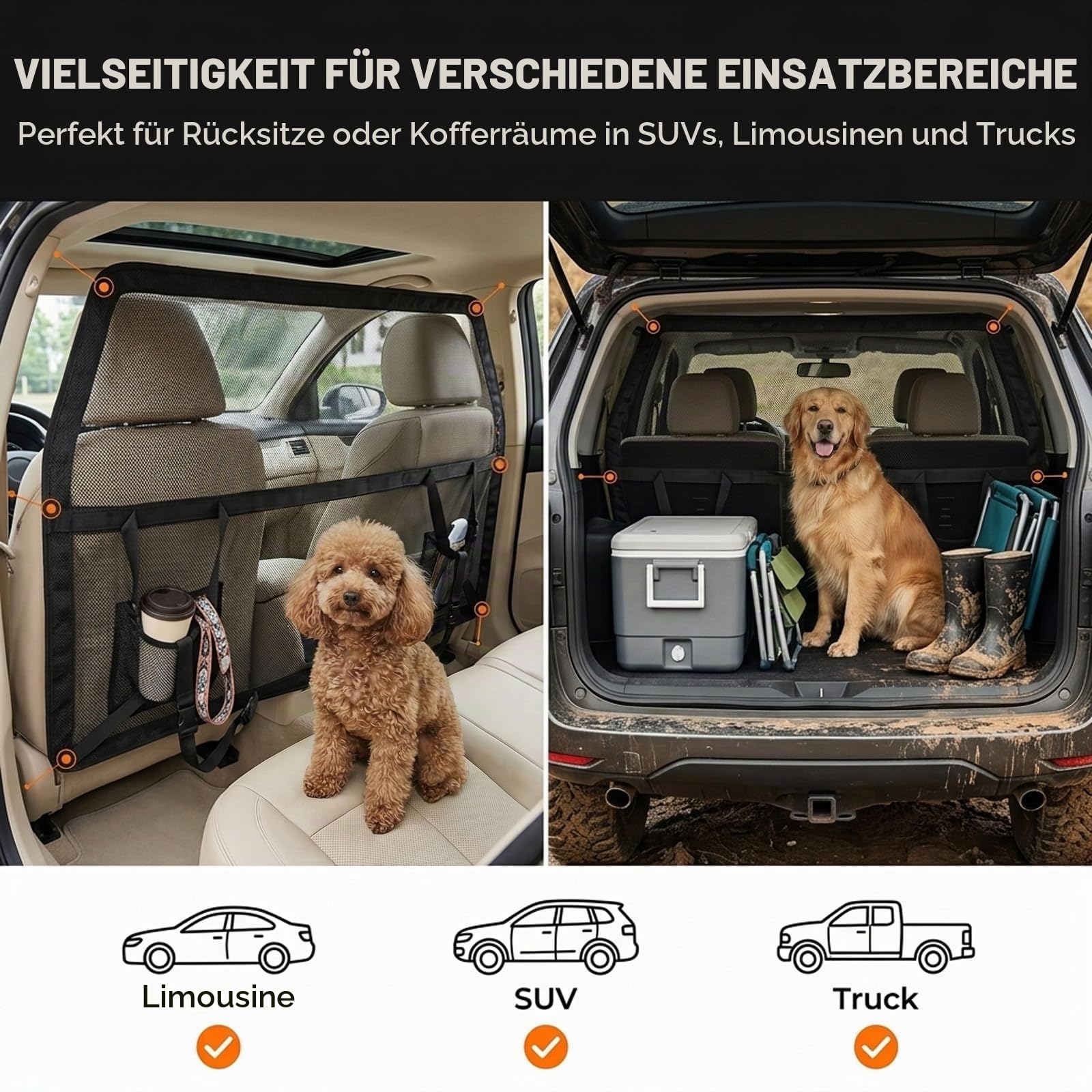 Hundegitter Auto Rücksitz & Kofferraum — 107*127cm Hundeauto Trenngitter mit verstärkte Transparentem Netz und Stabilem Metallrahmen , Trennbarriere für Hunde Universal Fit für SUV und Limousine