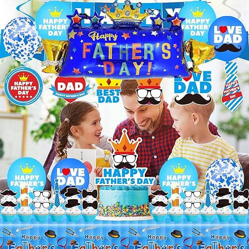Miniatura 4 de Decoraciones de fiesta para el día del padre, suministros de fiesta para el día del padre, incluyendo pancarta, remolinos colgantes, globos de