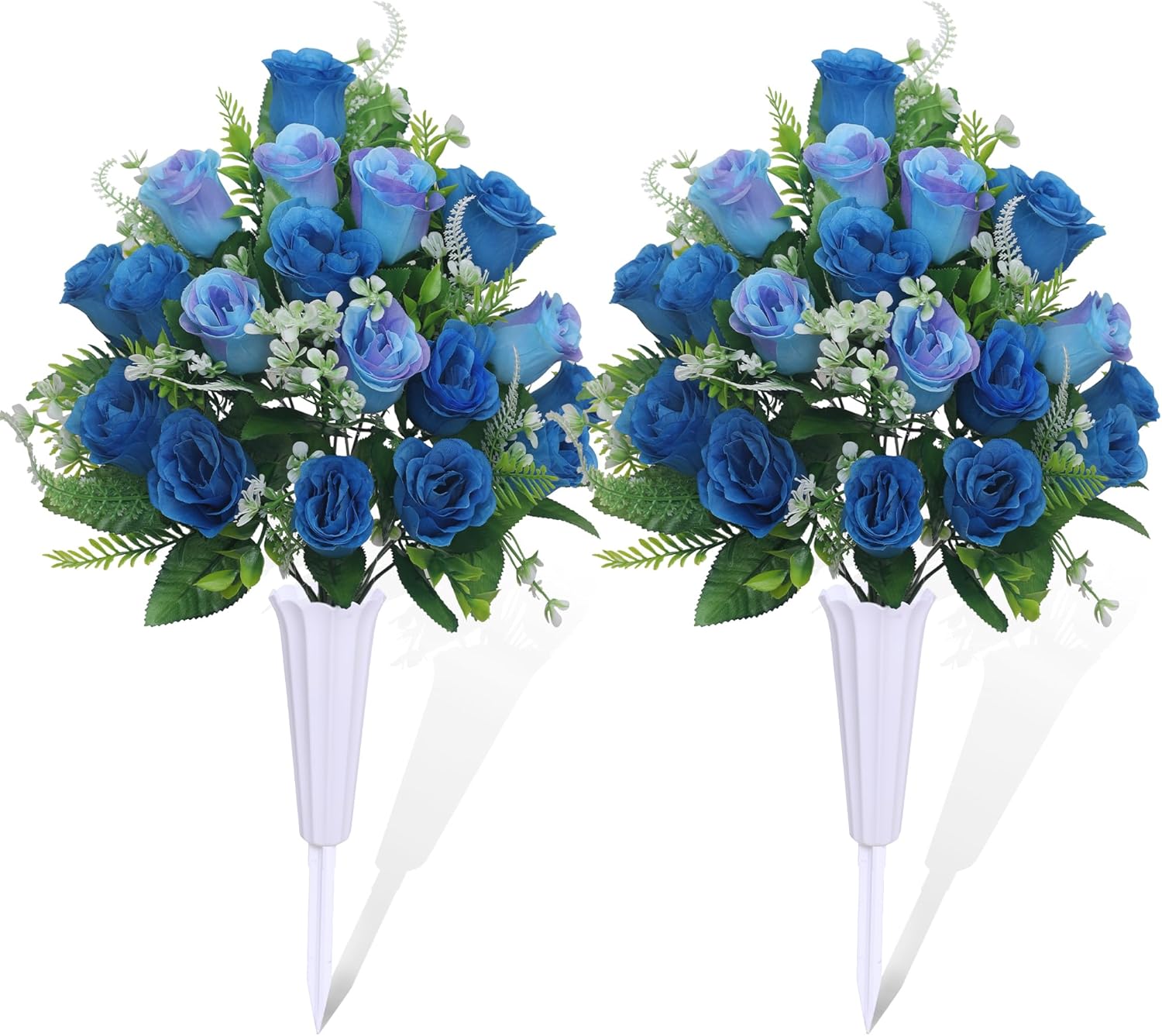 Set of 2 Artificial Cemetery Flowers, Grave Memorial Flowers with Vase, Outdoor Grave Decorations Roses for Cemetery Headstones Decoration (Blue)