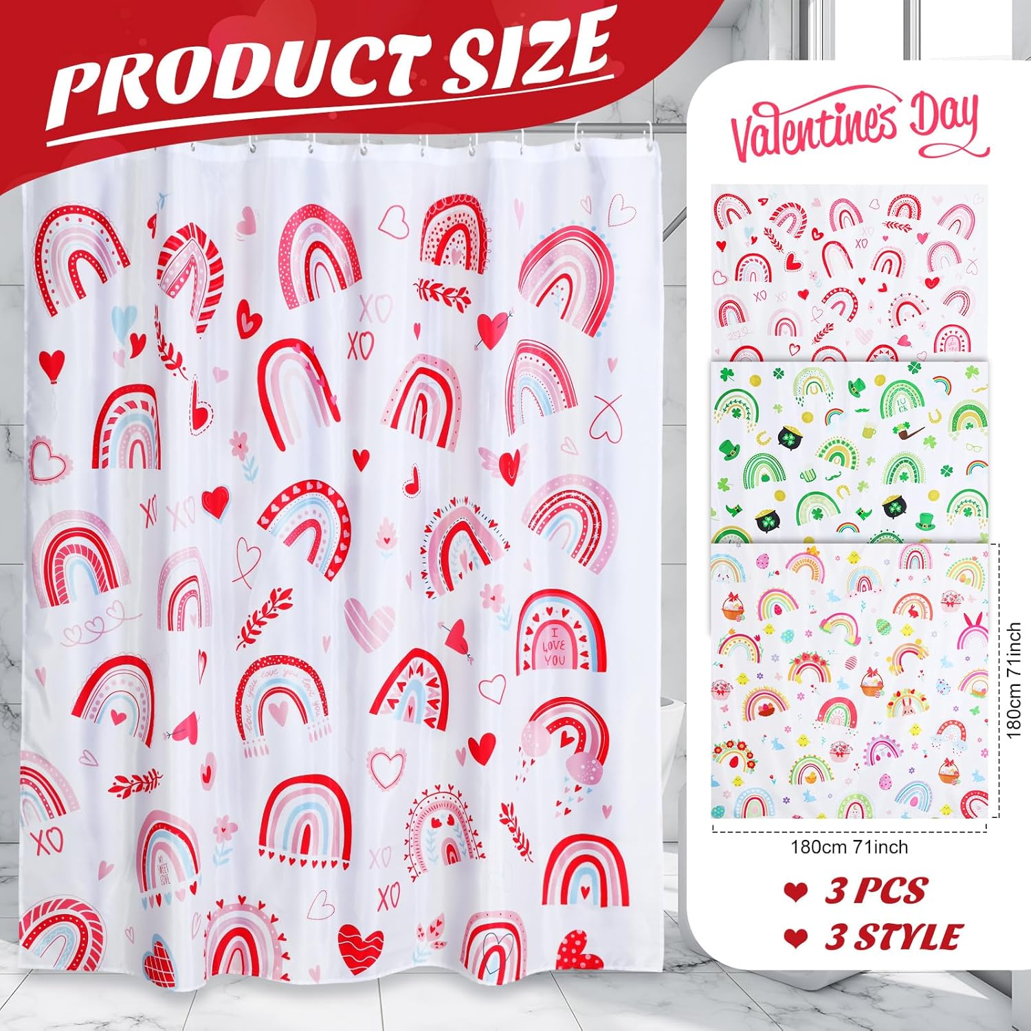 Remerry 3 Pcs Easter Shower Curtain for Bathroom Decor with Hooks St Patrick's Day Valentine's Day Holiday Shower Curtains Set,71 x 71 Inch,Waterproof Fabric Bathtub Bathroom Decor(Rainbow Style)