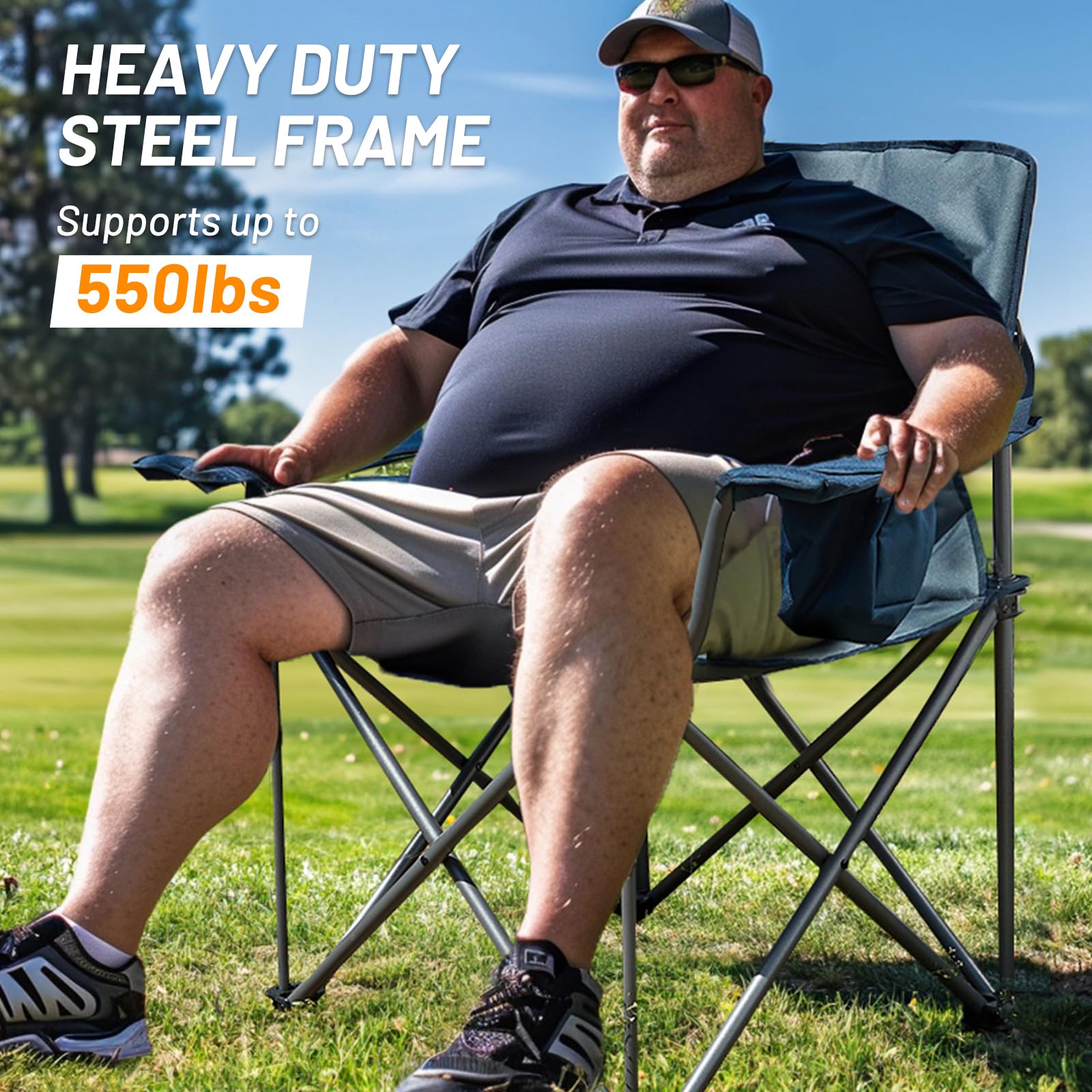 TIMBER RIDGE 550 LBS Oversized Folding Camping Chair for Adults, Heavy Duty Outdoor Chair with Cup Holder Side Pocket for Camp, Lawn, Picnic, Navy-Upgrade