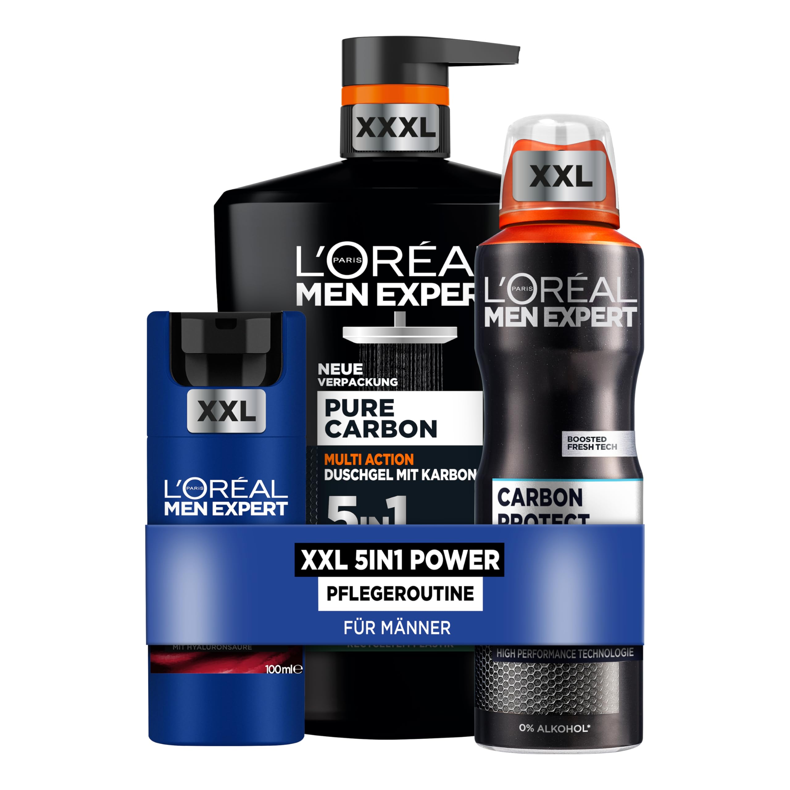L'Oréal Men Expert 5in1 Power Pflegeset für Männer, Mit XXXL Duschgel, XXL Gesichtscreme und XXL Deospray, Set für Herren mit Hyaluron und Karbon, Power Age, Pure Carbon, 3-teilig