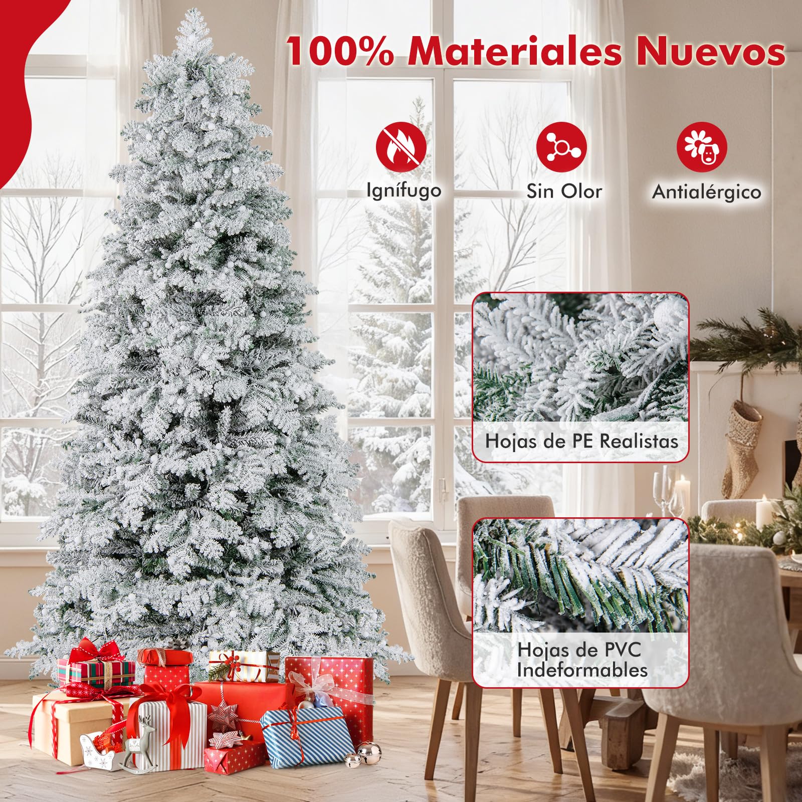 COSTWAY Árbol de Navidad Nevado 210cm, Arbol de Navidad con Luces Incorporadas, 160 Bolitas Destellantes, 320 Luces LED, Blanco Cálido, 8 Modos, 806 Puntas de PVC y PE, Arvore de Natal W/Light (210cm)