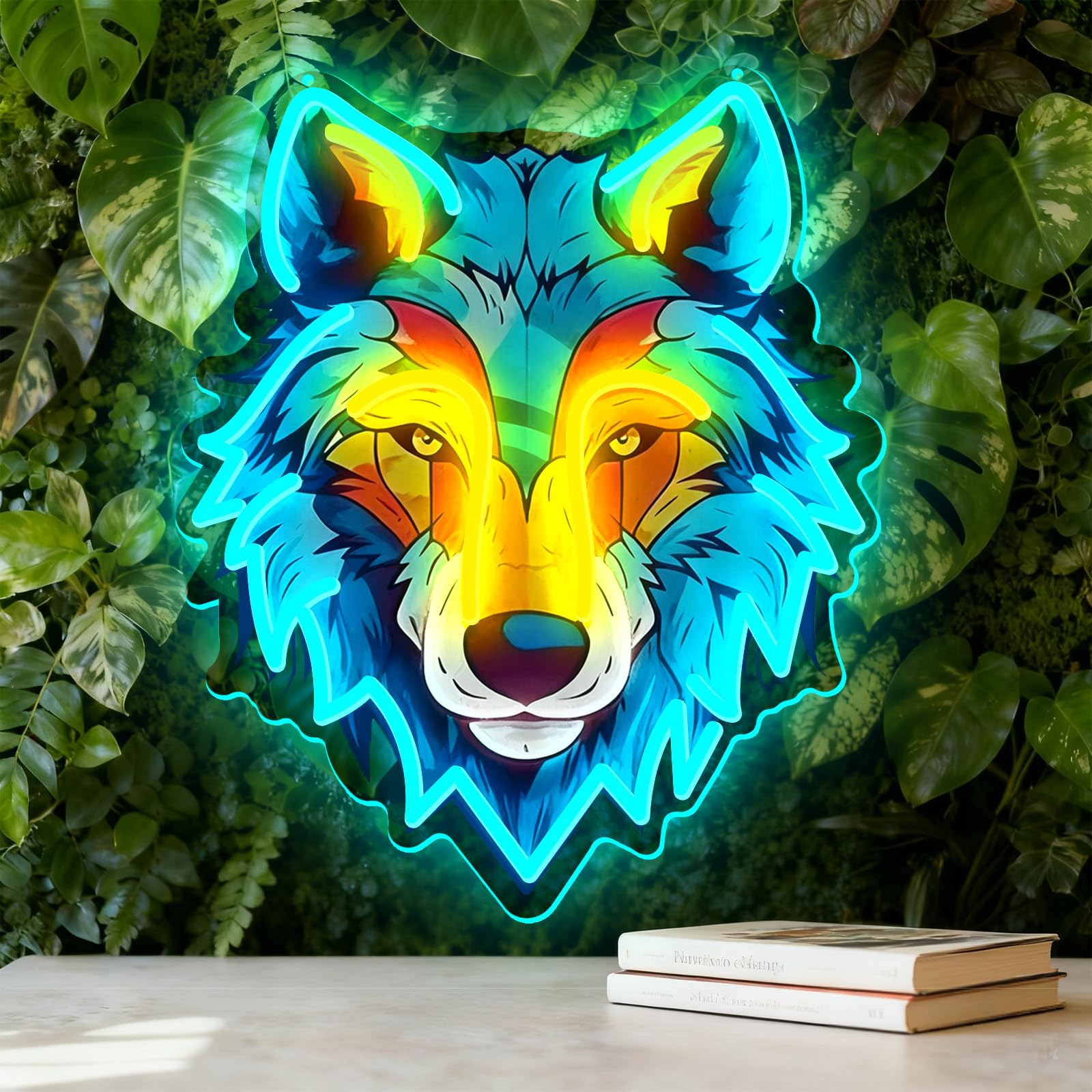 Wolf Head Colorful Neon Lights Indoor Wall LED Decorative Neon Sign With Adjustable Light Buttons Suitable for Family Living Rooms Bars and Coffee Shops(5V 11.8 * 14.2 Inches)