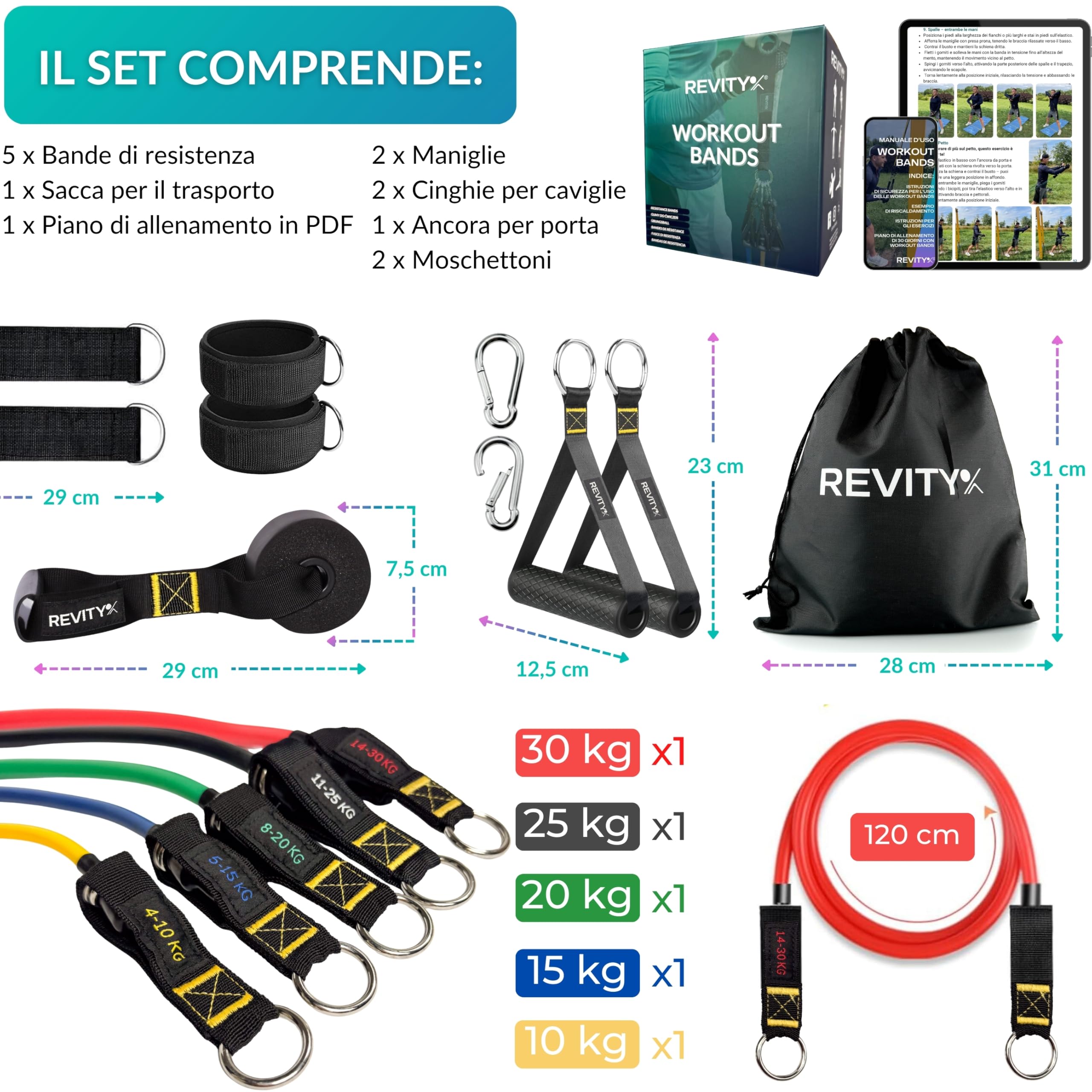 Kit 5 Elastici Fitness - Bande Elastiche Fitness con Maniglie per Allenamento a Casa - Piano PDF 30 Giorni - Set di Elastici per Esercizi Uomo Donna in Lattice Naturale Durevoli e Sicuri